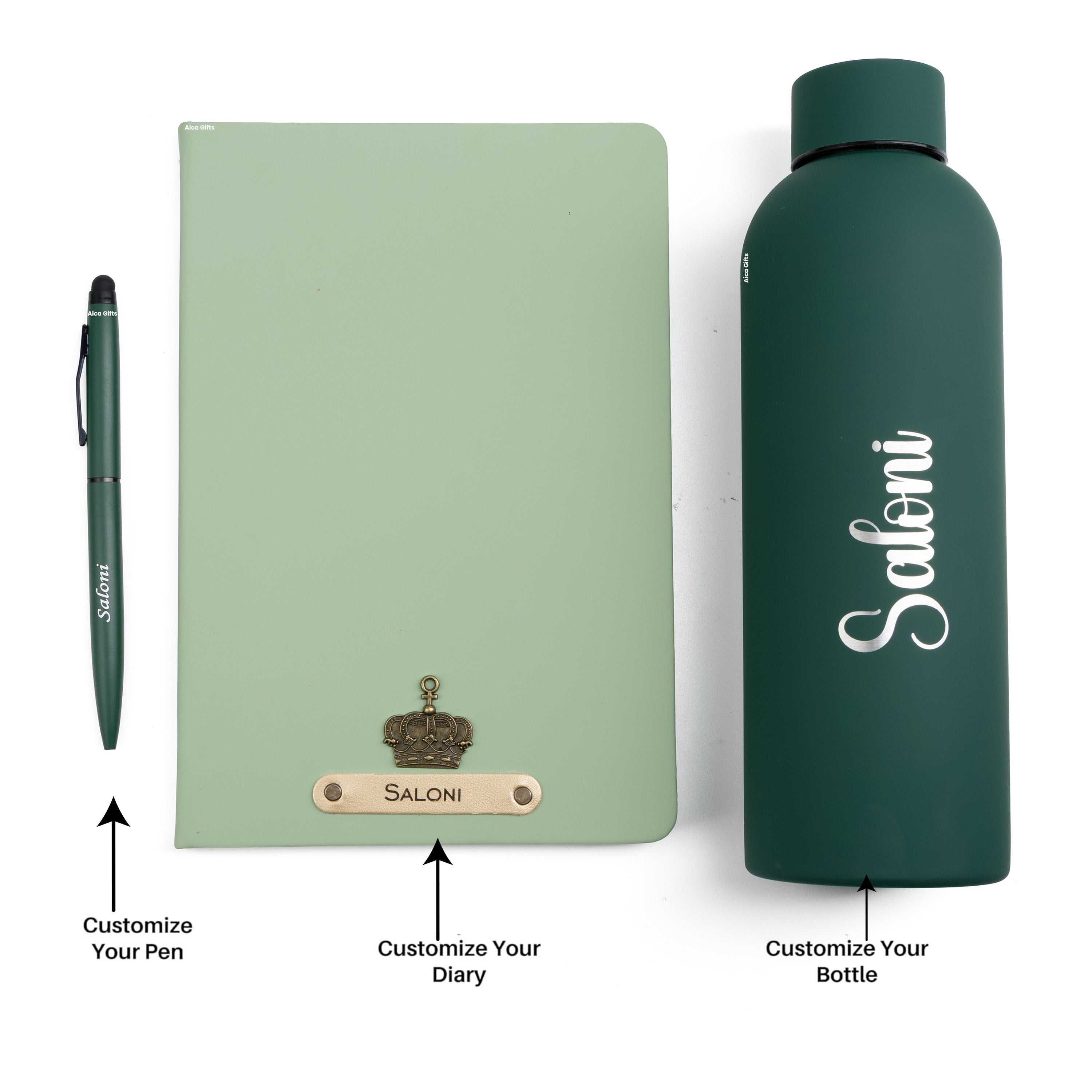 Personalized-  Pen Bottle Diary Combo Giftset - Darkgreen