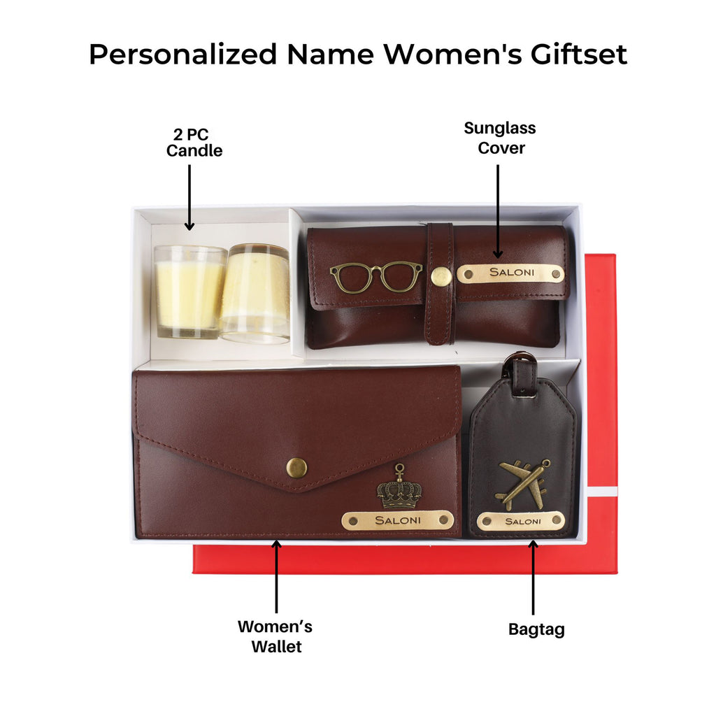 Aica Personalized Name & Charm Leather Women Combo & Candle Giftset (Dark Brown)