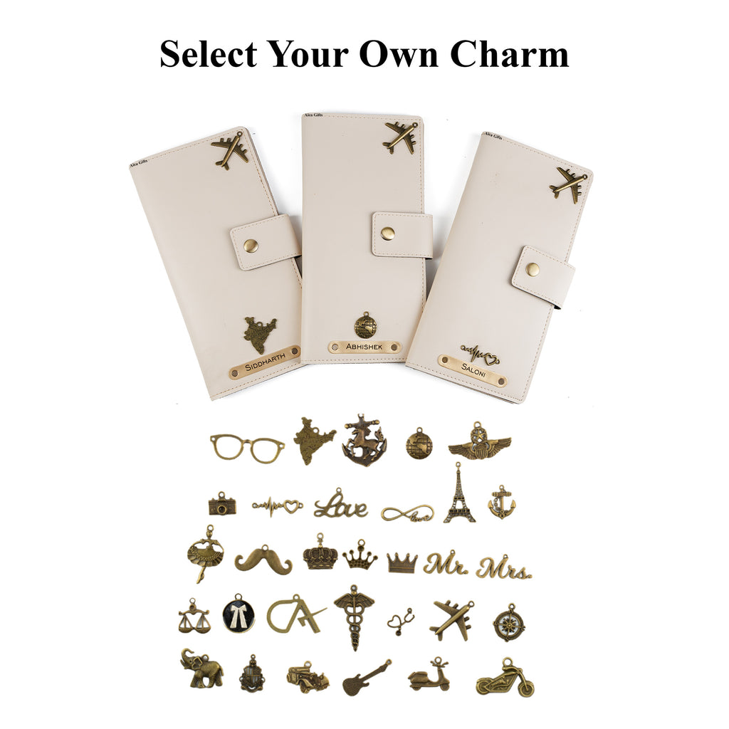 AICA Personalized Name & Charm Long Leather Wallet Passport Cover (Cream)