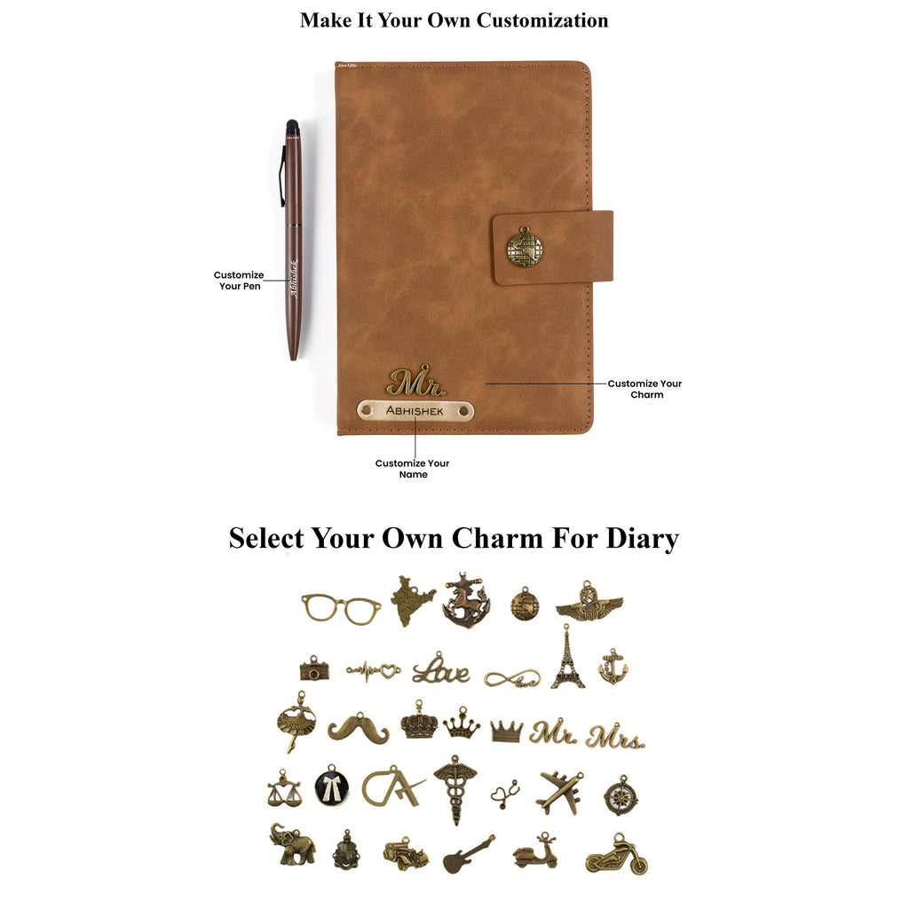 AICA Personalized Name & Charm Leather Magnetic Diary & Pen Combo (Brown)