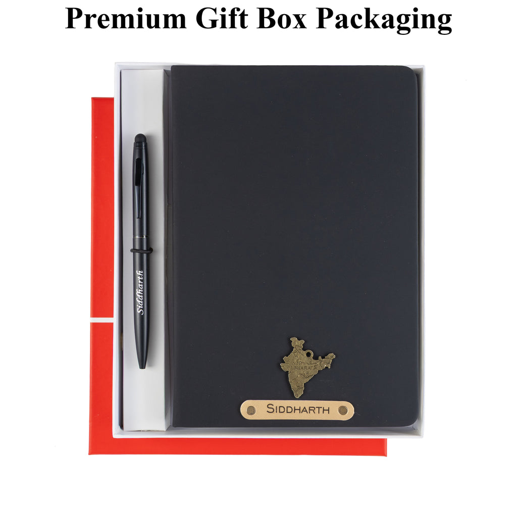 AICA Personalized Name & Charm Notebook Leather Diary - A5 Size, 180 Ruled Pages (Black) & Pen Golden for Men & Women