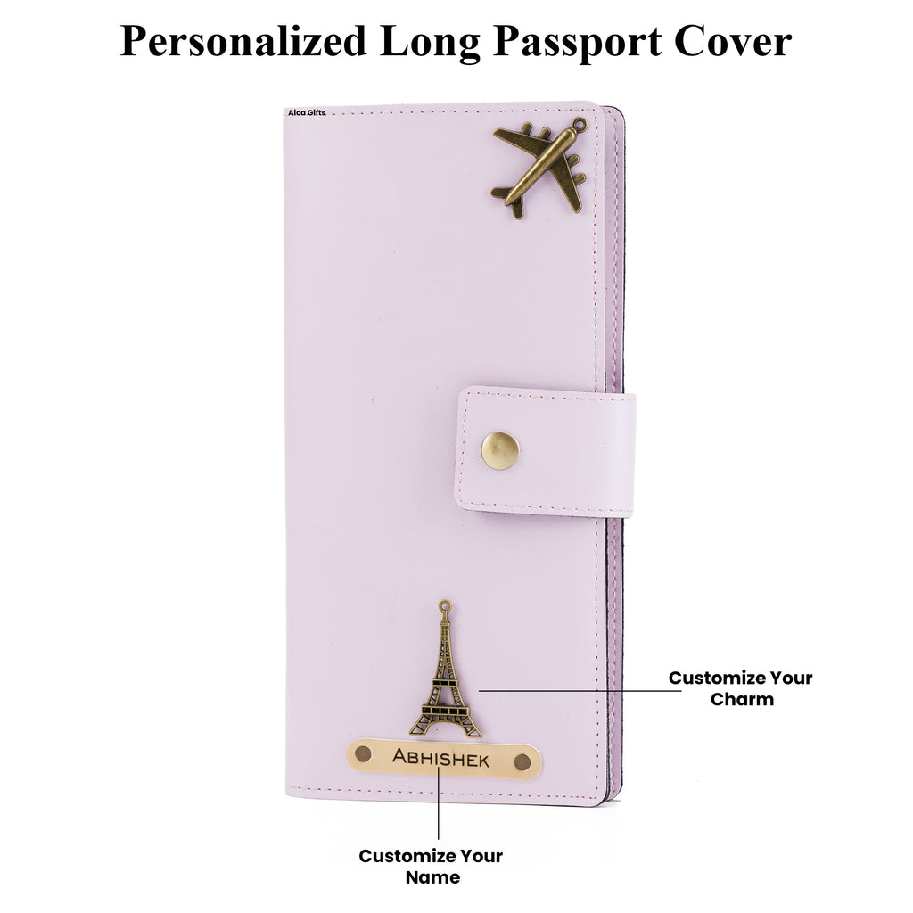 AICA Personalized Name & Charm Long Leather Wallet Passport Cover (Purple)