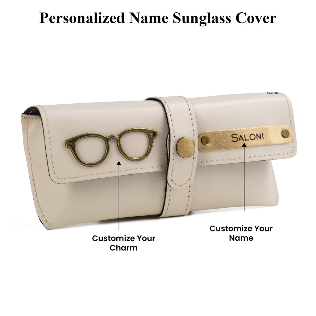 AICA Personalised Name & Charm Leather Sunglass Case Cover for Men & Women (Cream)