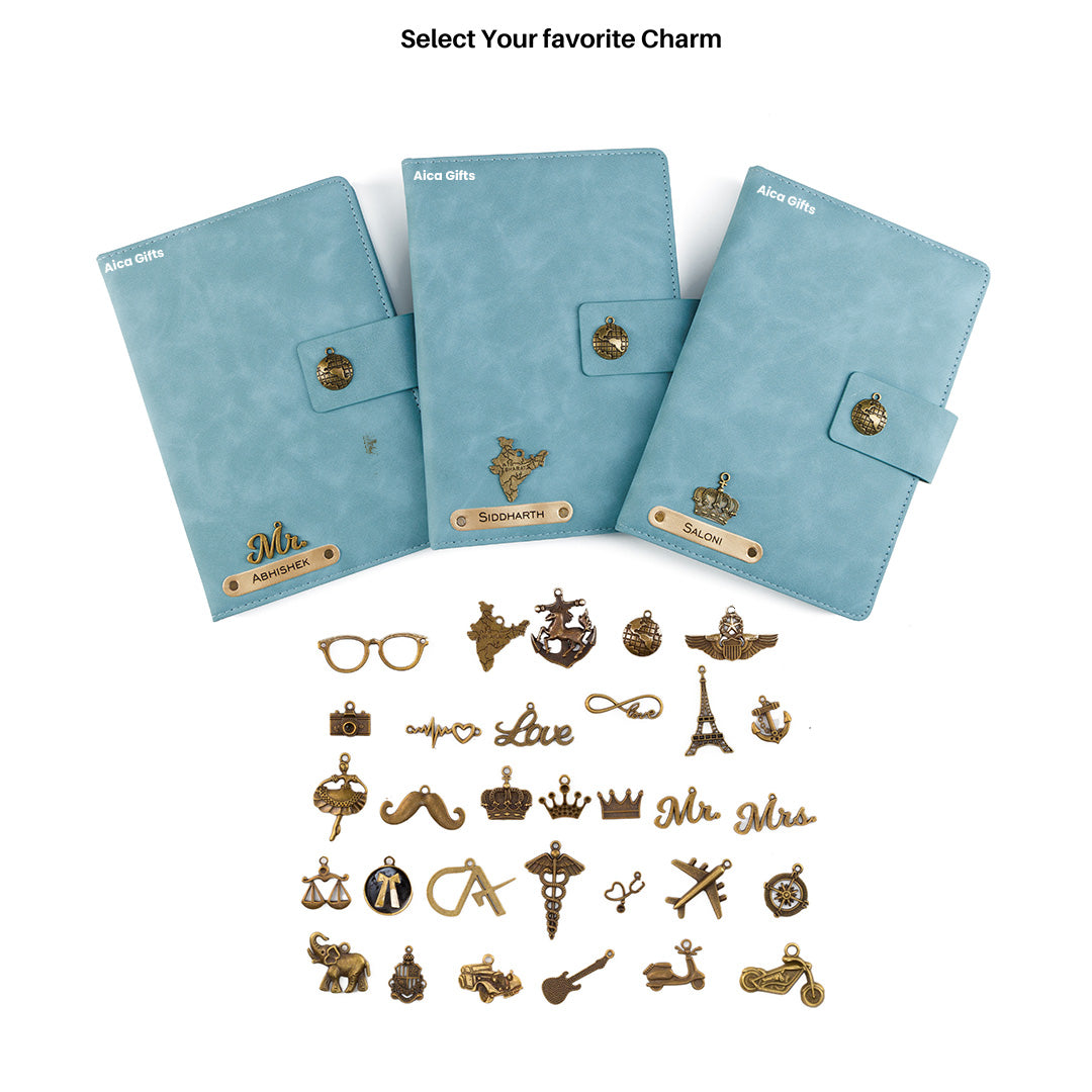 Personalized Name Leather Magnetic Diary A5 Size 200 Pages - Light Blue