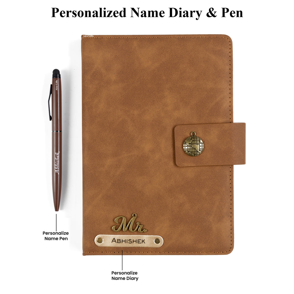 AICA Personalized Name & Charm Leather Magnetic Diary & Pen Combo (Brown)
