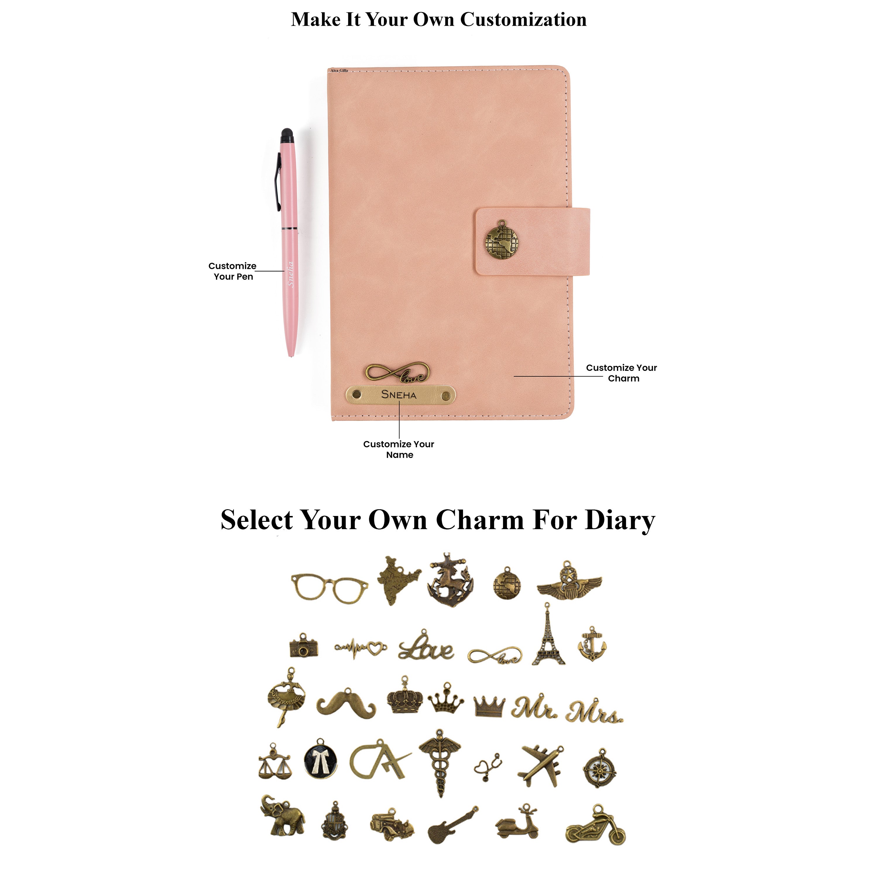 AICA Personalized Name & Charm Leather Magnetic Diary & Pen Combo (Nude Pink)