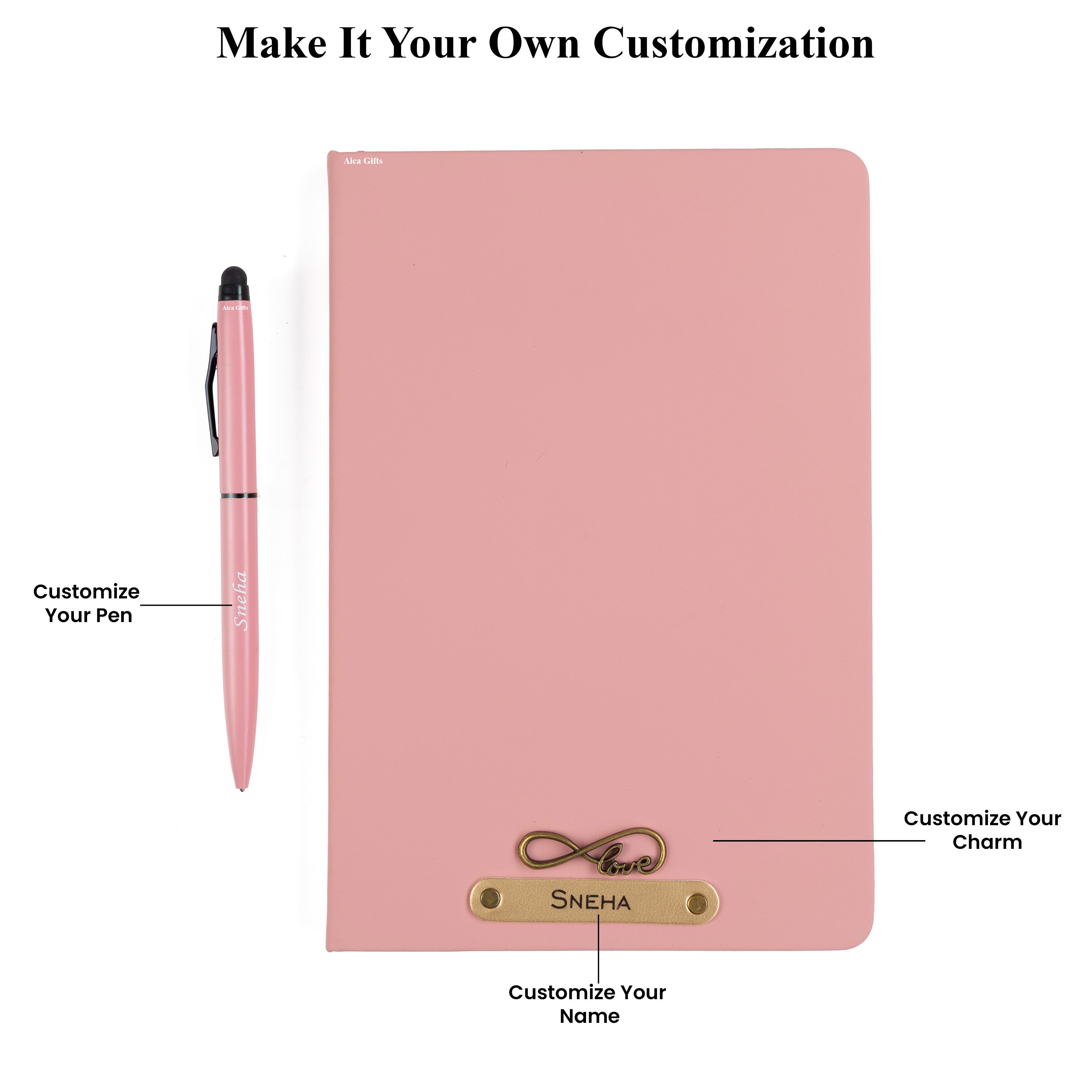AICA Personalized Nude Pink Leather Diary & Metal Pen Combo for Men & Women( Nude Pink)