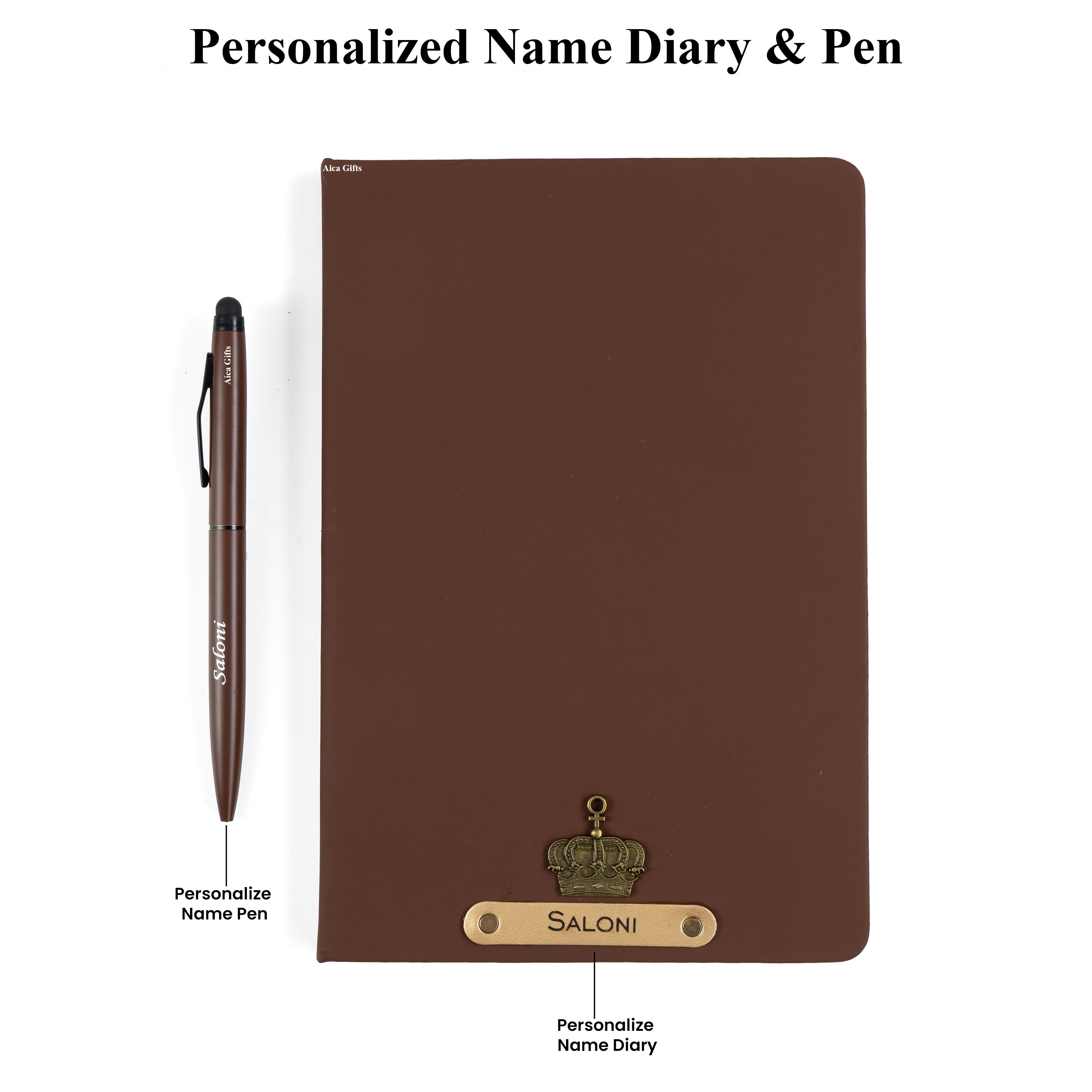 Aica Personalized Black Leather Diary & Golden Pen Combo for Men & Women | Customized Name & Charm, Matching Pen & Journal, Corporate Office Gifts for Staff, Employees, Clients, Managers, Bosses (Dark Brown)