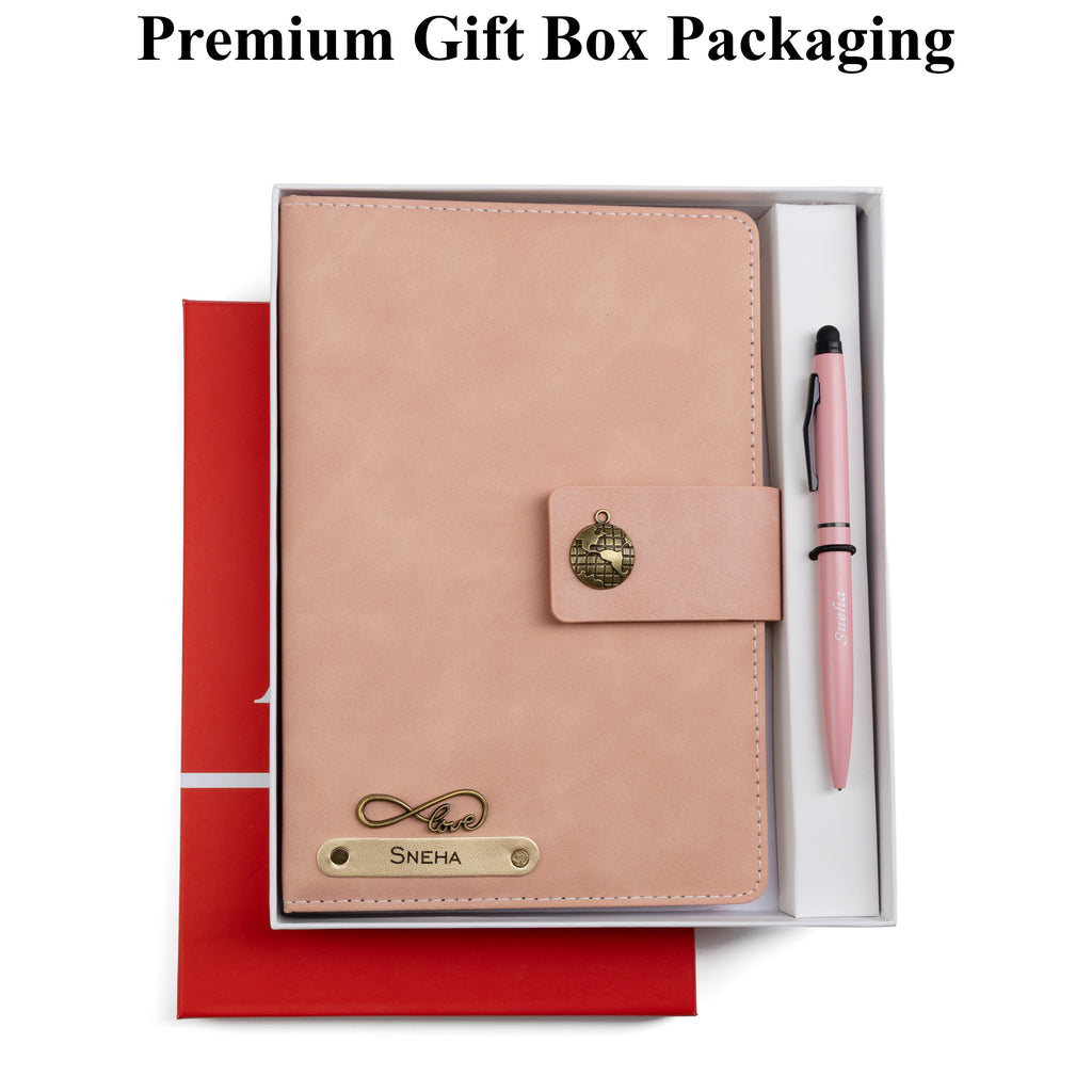 AICA Personalized Name & Charm Leather Magnetic Diary & Pen Combo (Nude Pink)