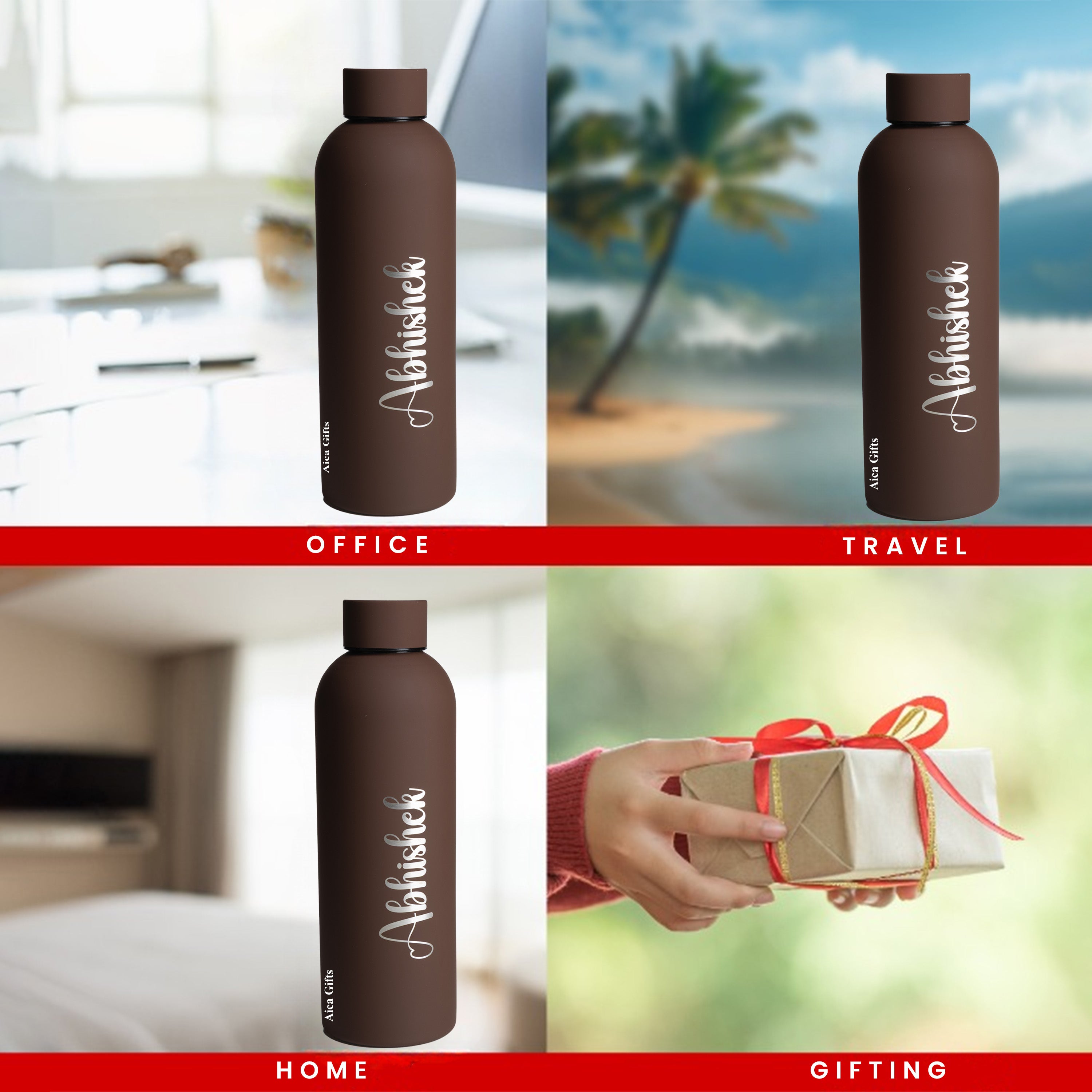 Personalized Name Stainless Steel Water Bottle - 500ml, Hot & Cold - Dark Brown