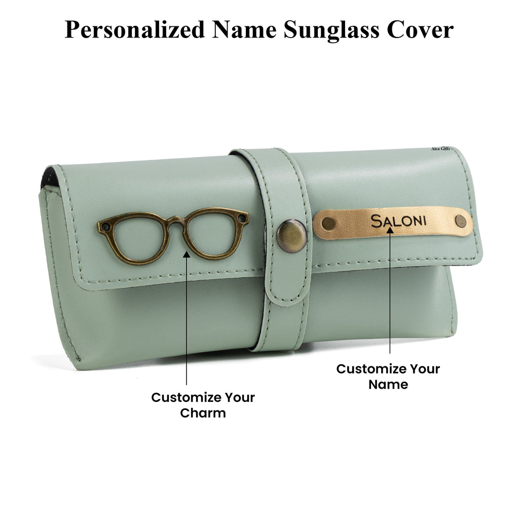 AICA Personalised Name & Charm Leather Sunglass Case Cover for Men & Women (Mintgreen)