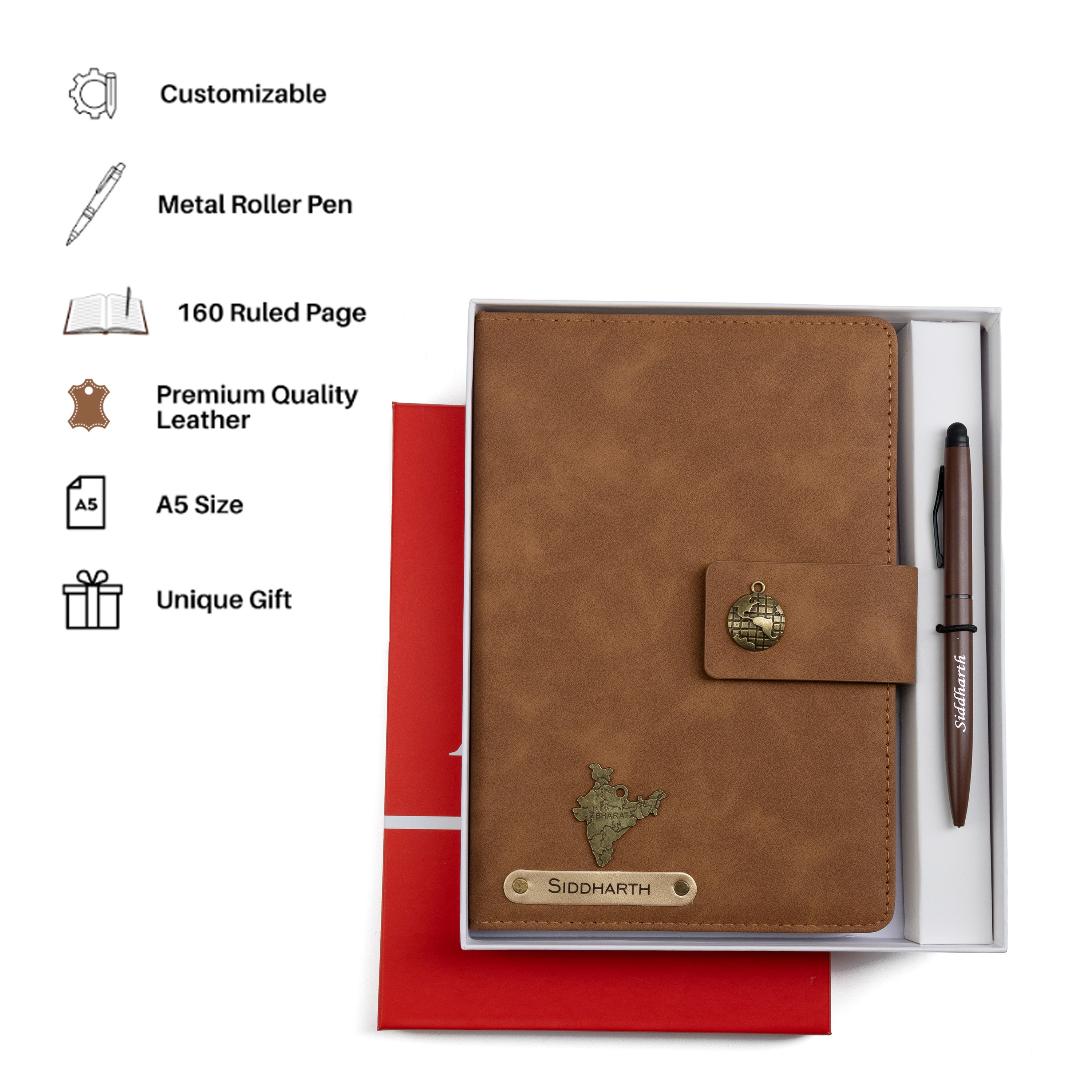 AICA Personalized Name & Charm Leather Magnetic Diary & Pen Combo (Brown)