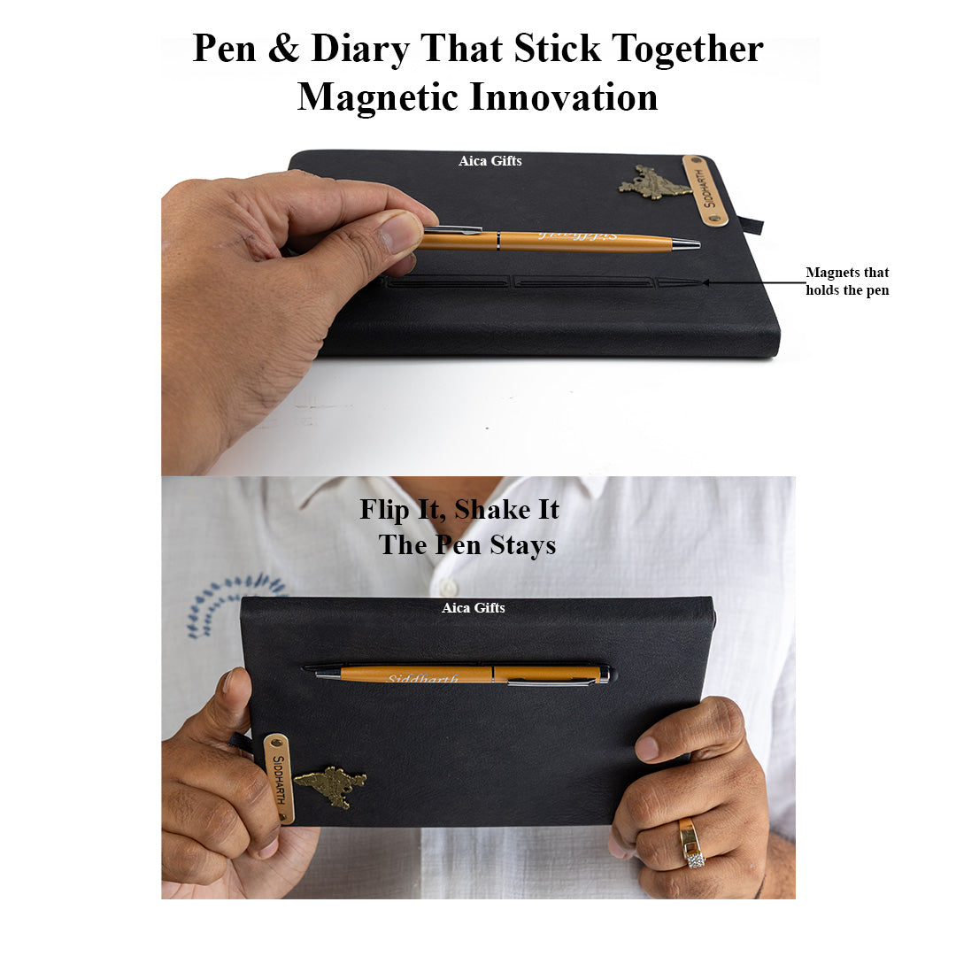 Personalized Magnetic Pen Stick Diary -A5 Size 180 Pages  (Black)