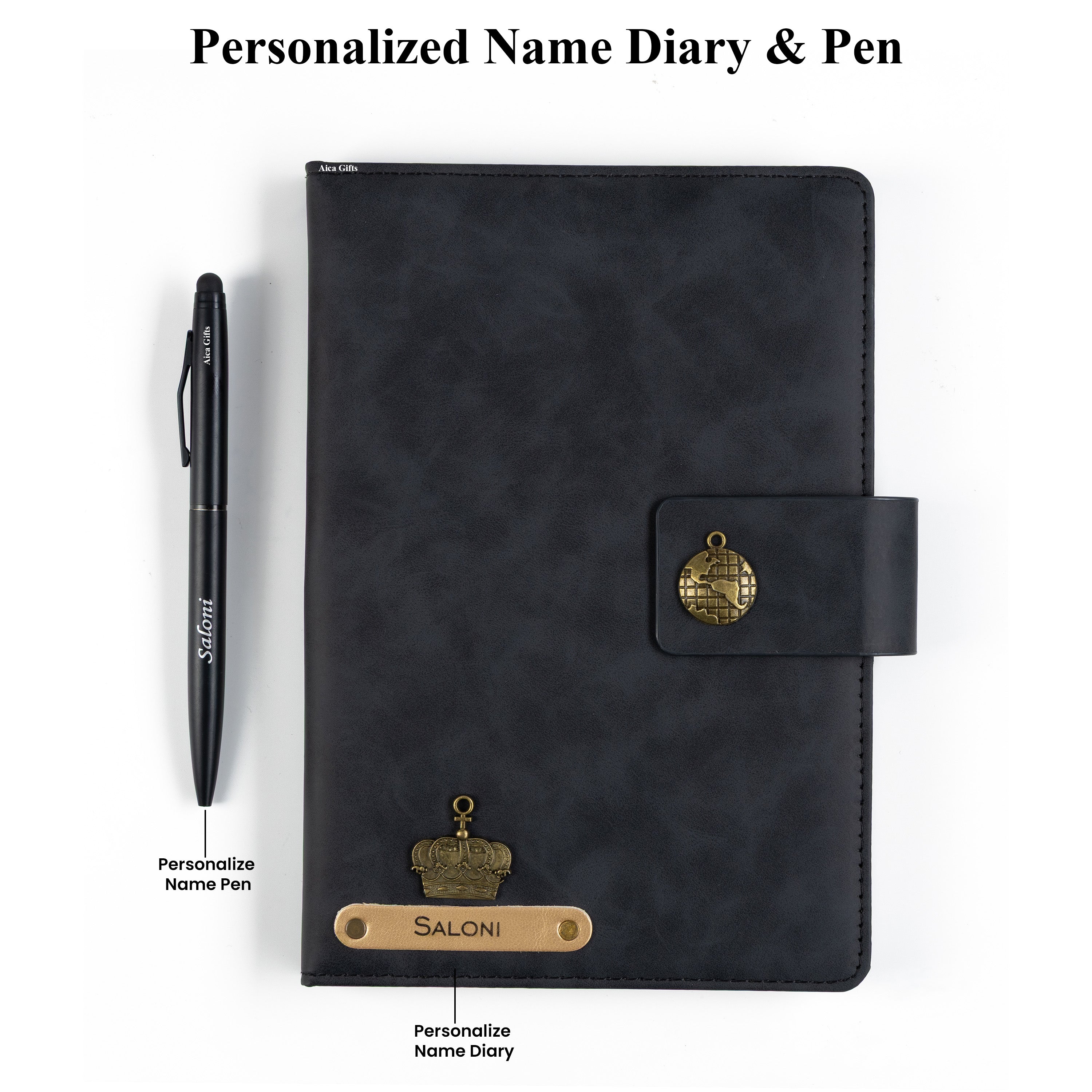 AICA Personalized Name & Charm Leather Magnetic Diary & Pen Combo (Black)