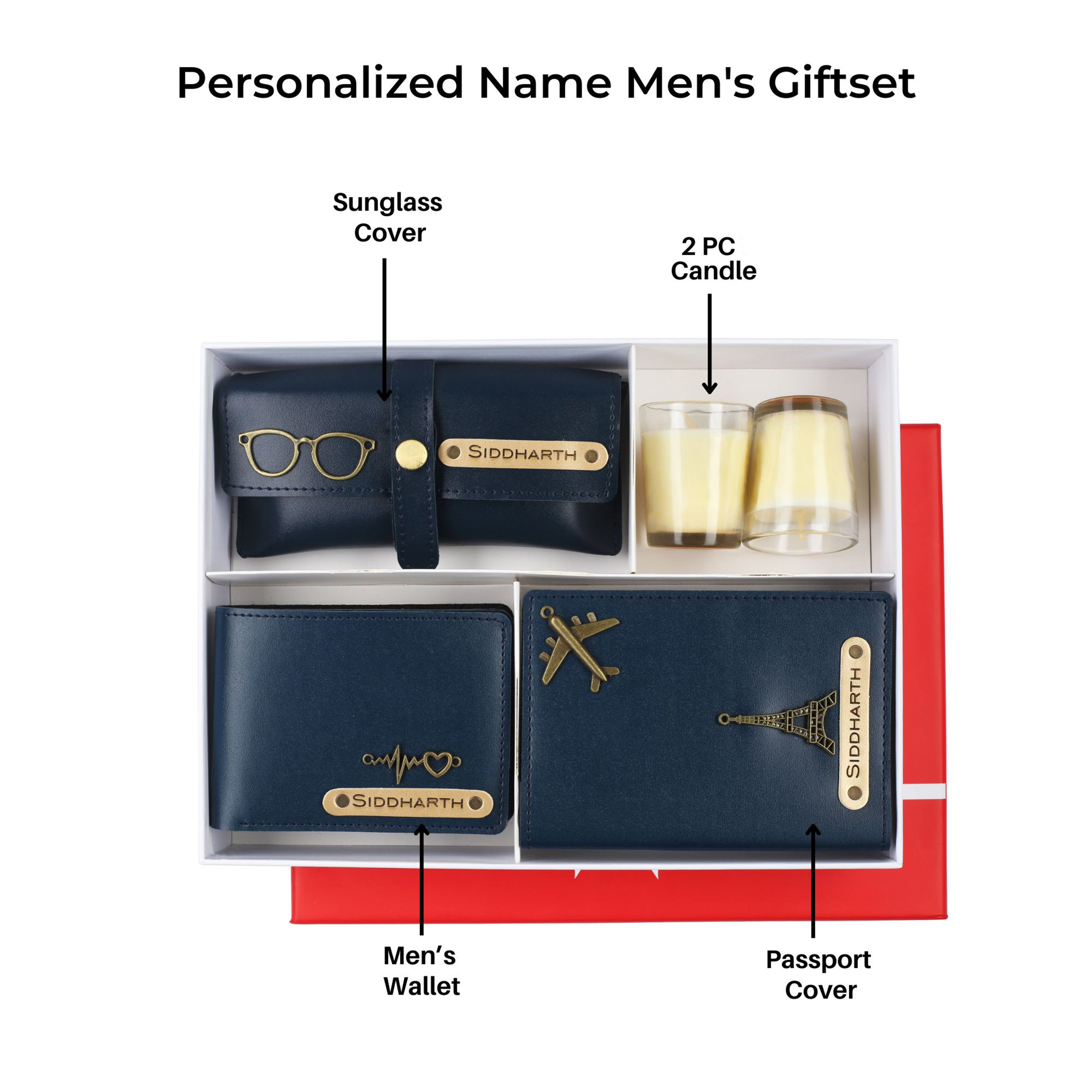 Aica Personalized Name & Charm Leather Men's Combo (Navy Blue)
