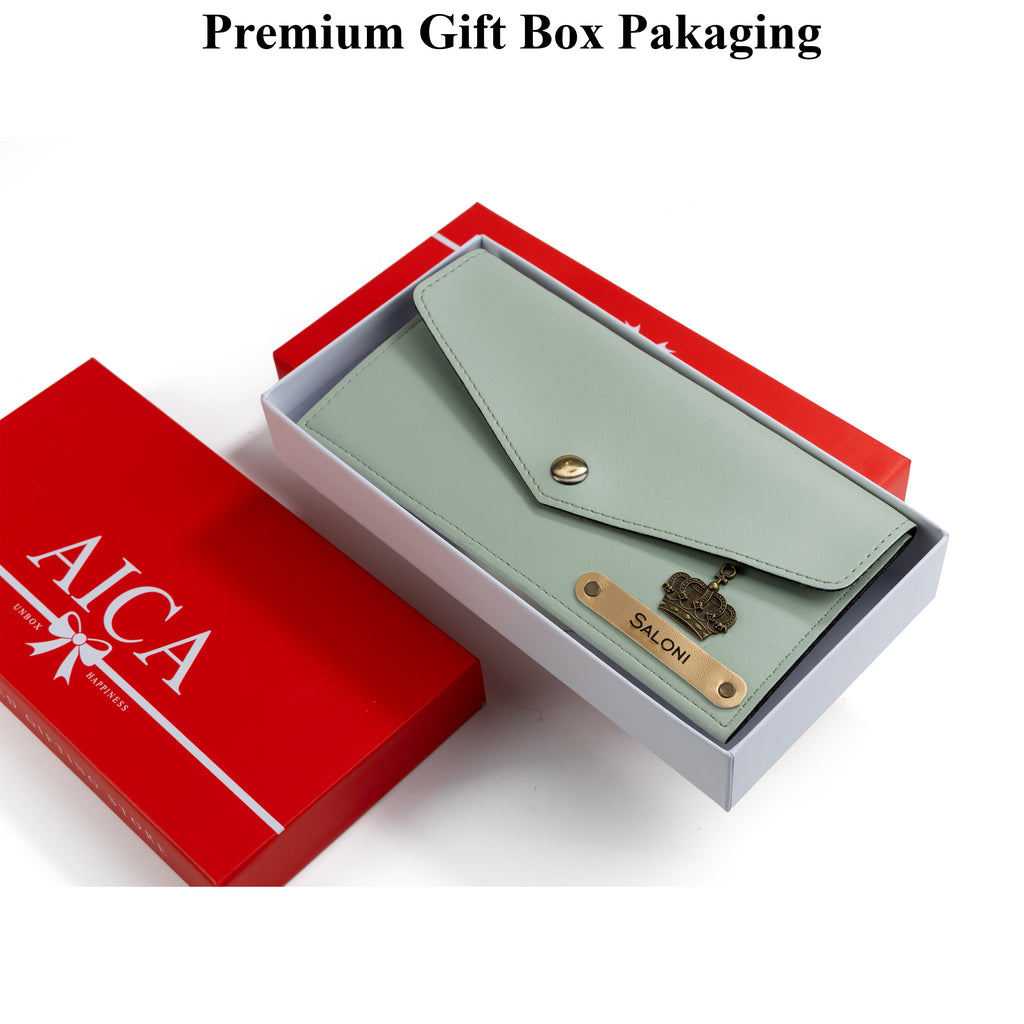AICA Personalised Name & Charm Leather Wallet Gift for Women (Mint Green)