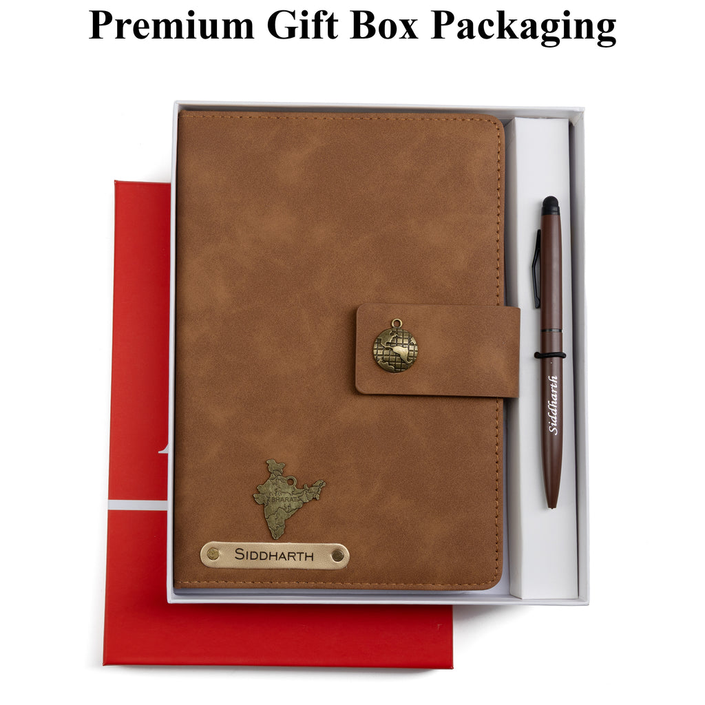 AICA Personalized Name & Charm Leather Magnetic Diary & Pen Combo (Brown)