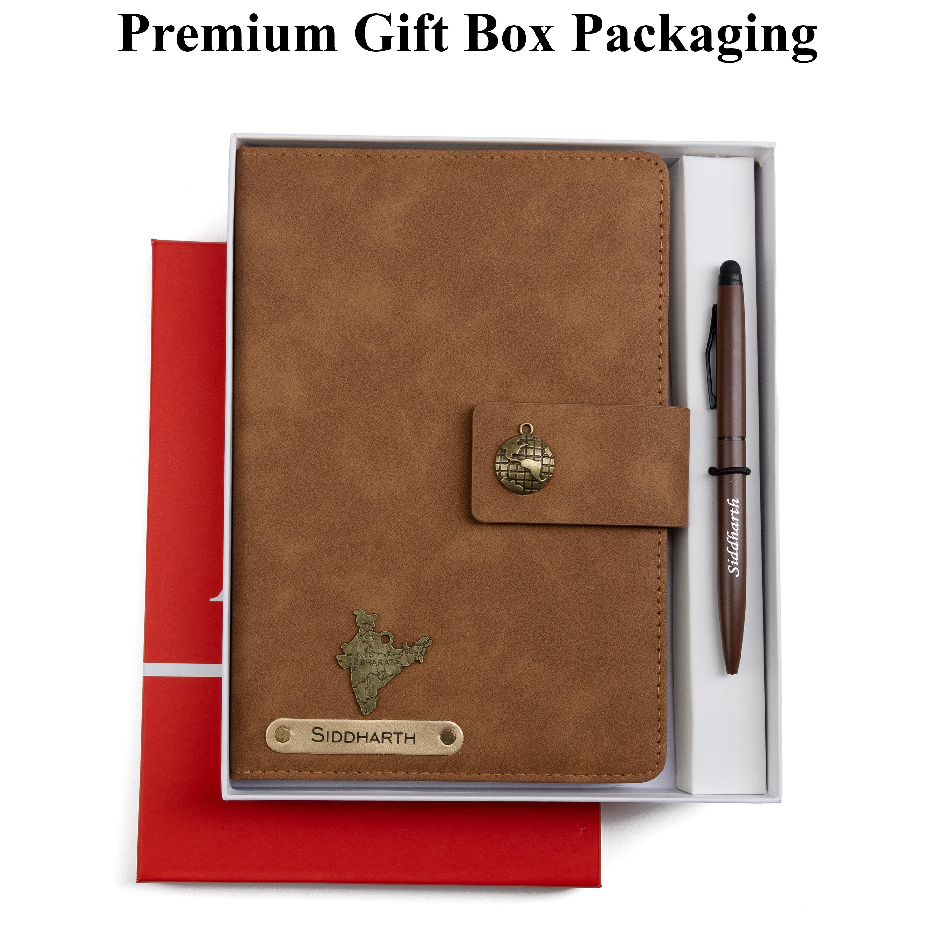 AICA Personalized Name & Charm Leather Magnetic Diary & Pen Combo (Brown)