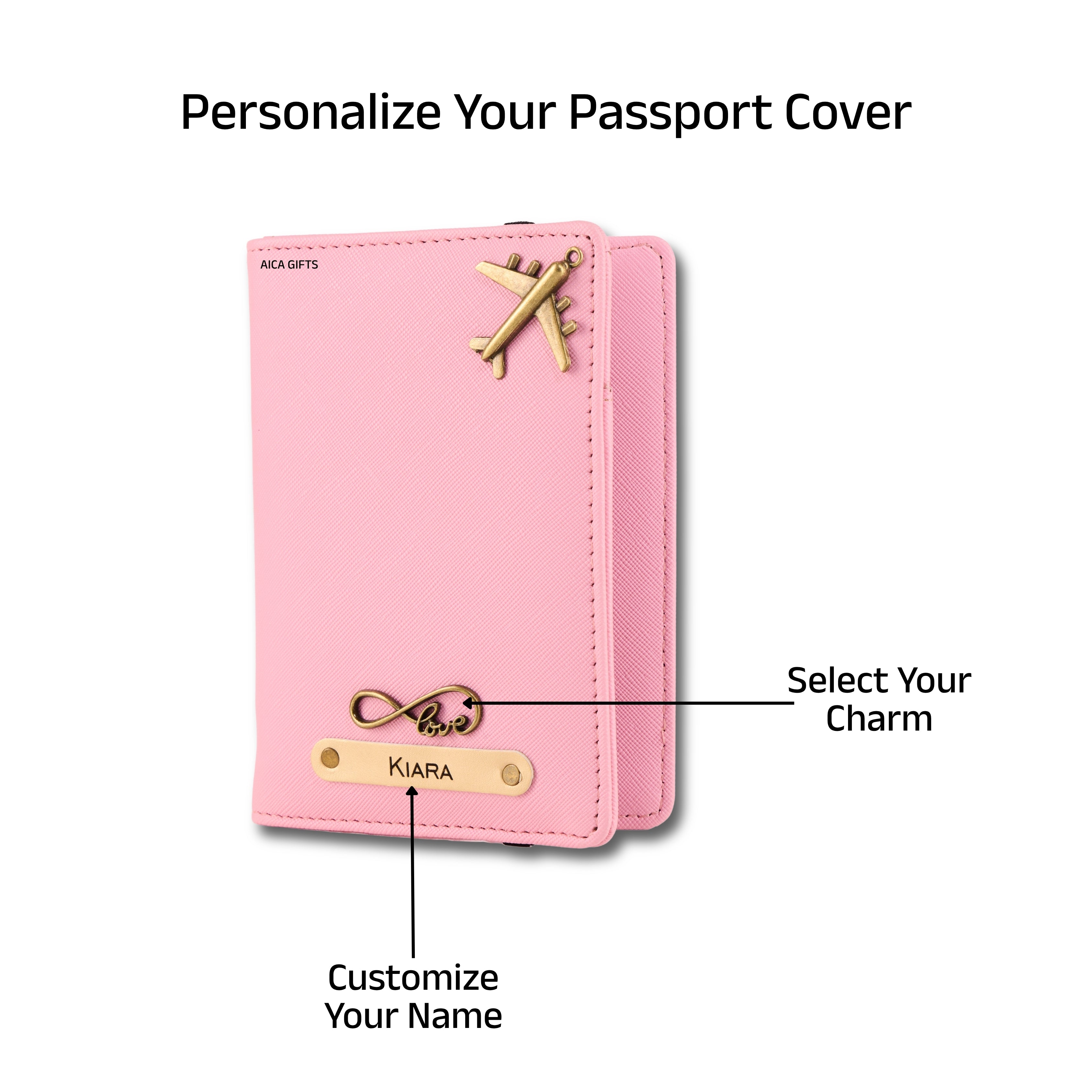AICA Personalised Name & Charm Leather Passport Cover Holder for Men & Women (Babypink) | Gifts for Women | Gift for Woman | Return Gifts for Birthday | Passport Cover for Women