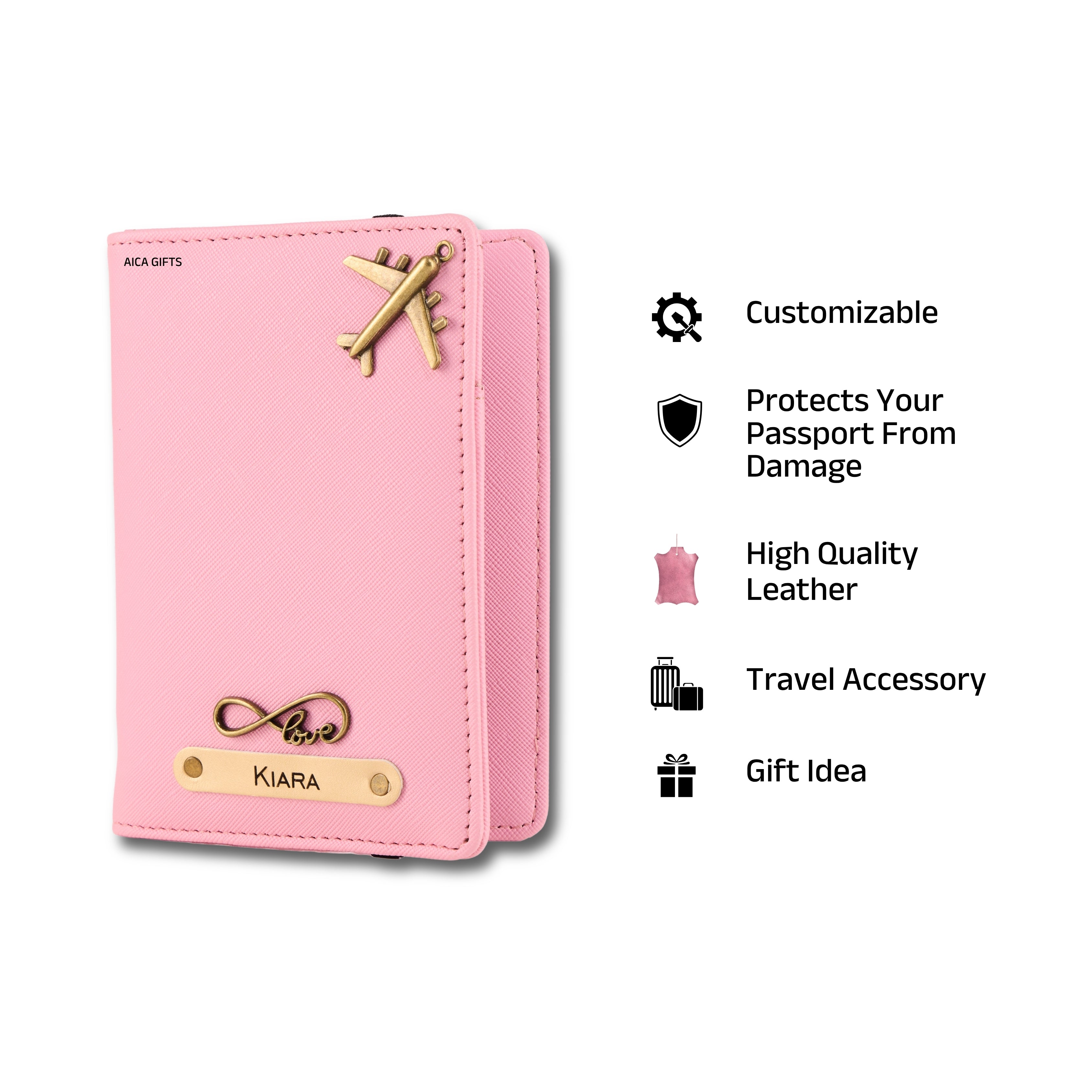 AICA Personalised Name & Charm Leather Passport Cover Holder for Men & Women (Babypink) | Gifts for Women | Gift for Woman | Return Gifts for Birthday | Passport Cover for Women