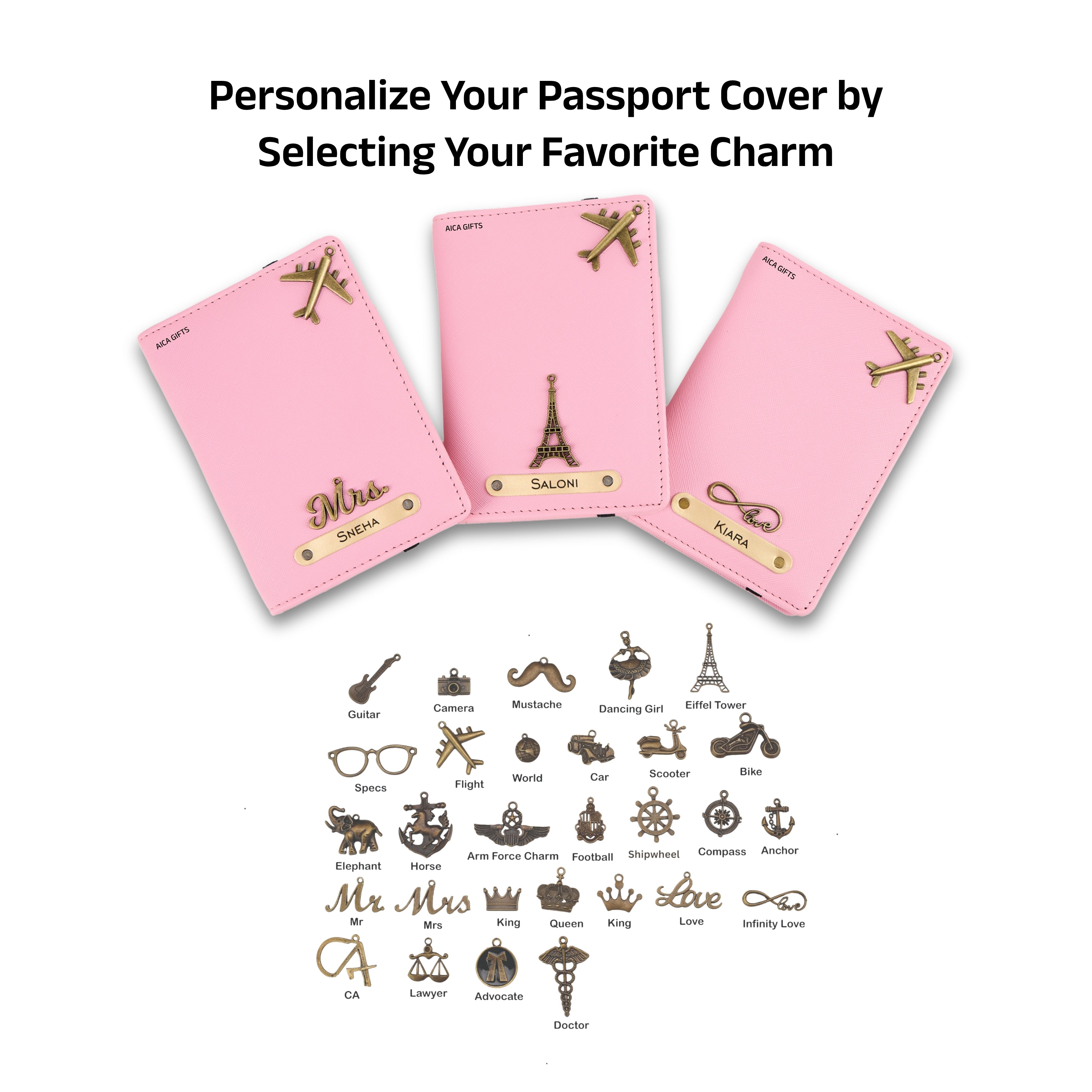 AICA Personalised Name & Charm Leather Passport Cover Holder for Men & Women (Babypink) | Gifts for Women | Gift for Woman | Return Gifts for Birthday | Passport Cover for Women