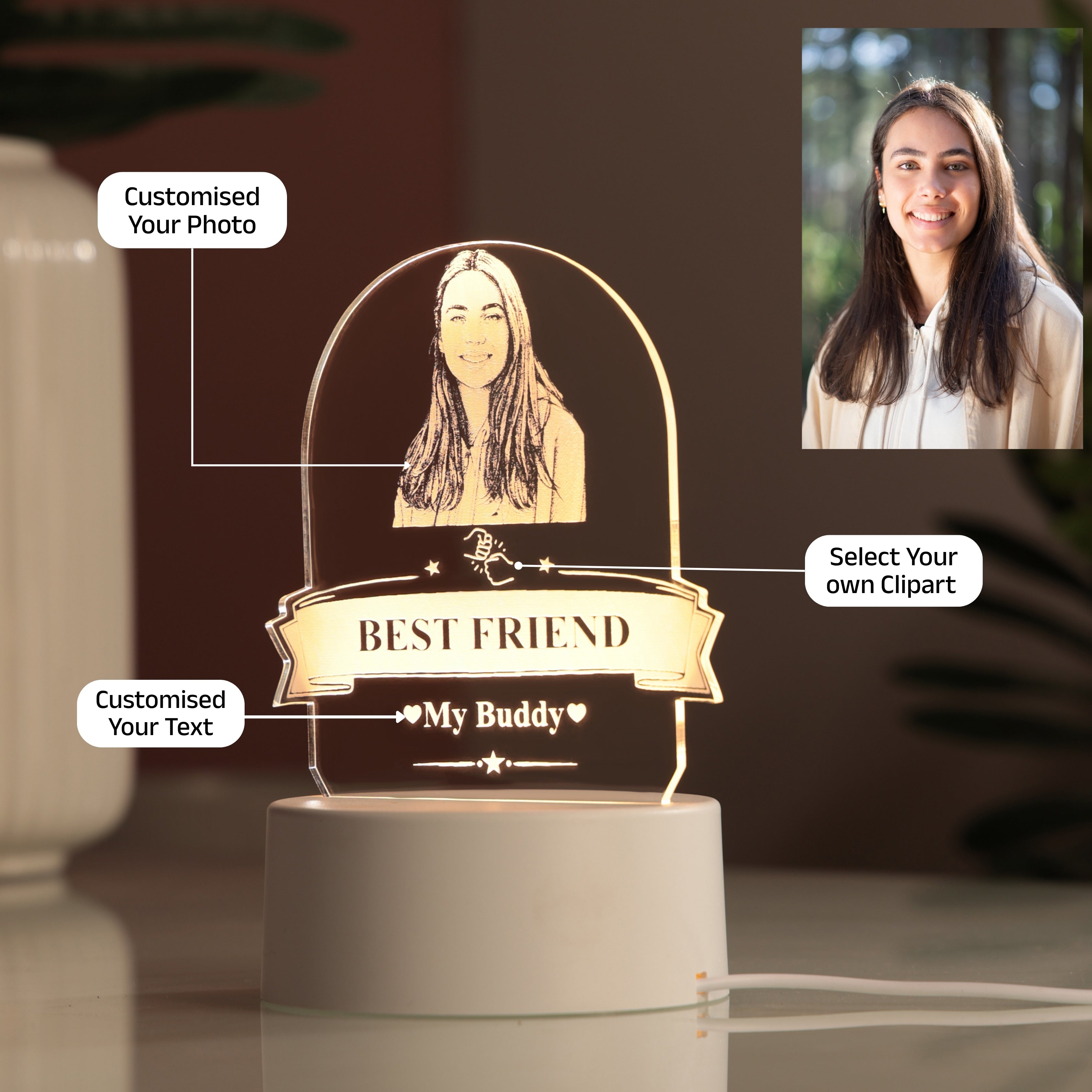 AICA Best Friend – Personalized Photo LED Lamp with Customised Message | Anniversary Birthday Marriage Wedding Gifts for Best Friend Female Girl Woman