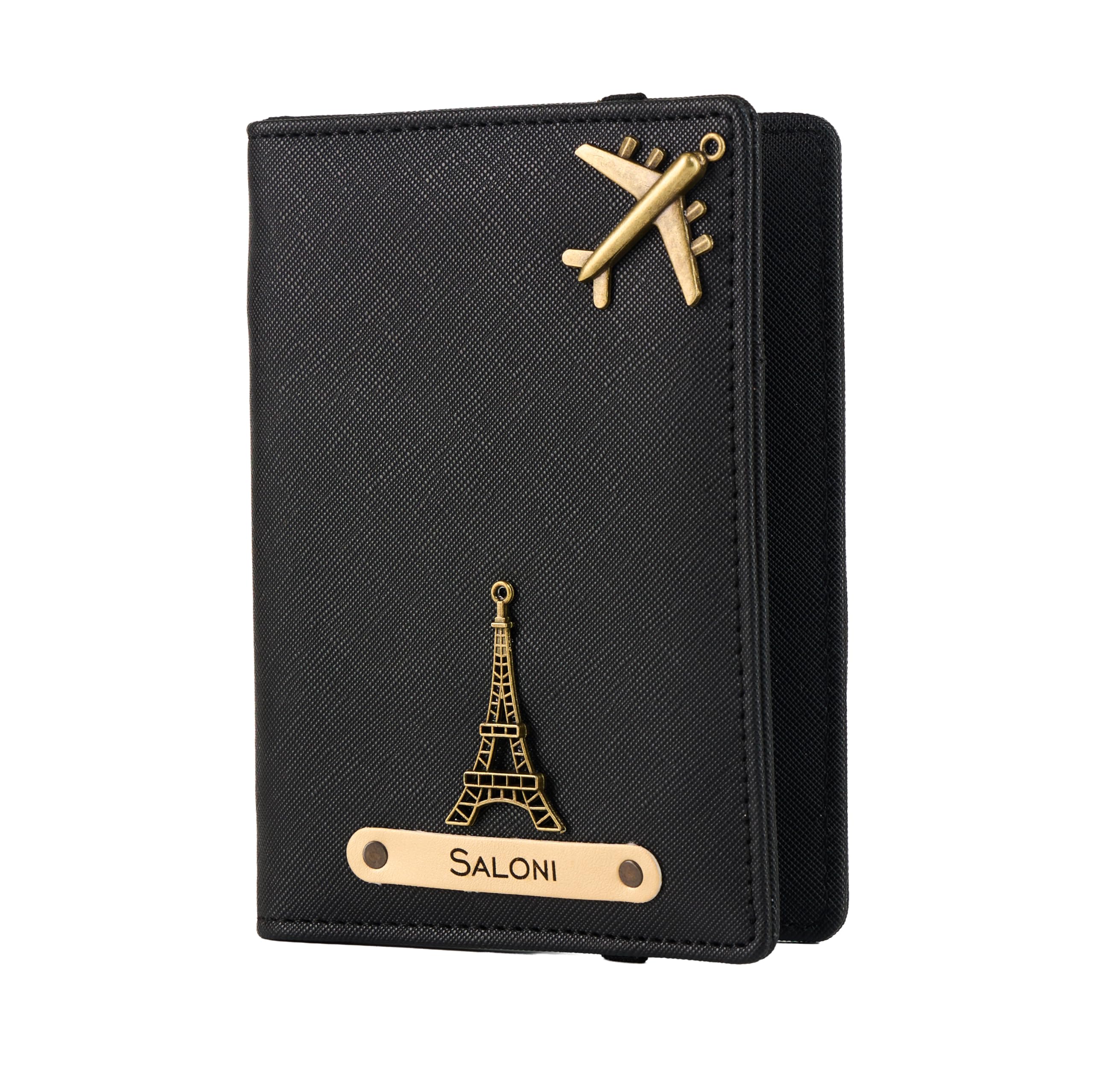 AICA Personalized Name & Charm Leather Passport Cover with 4 Card Slots, Secure Band & Boarding Pass Slot for Men & Women | Travel Passport Holder (Black)