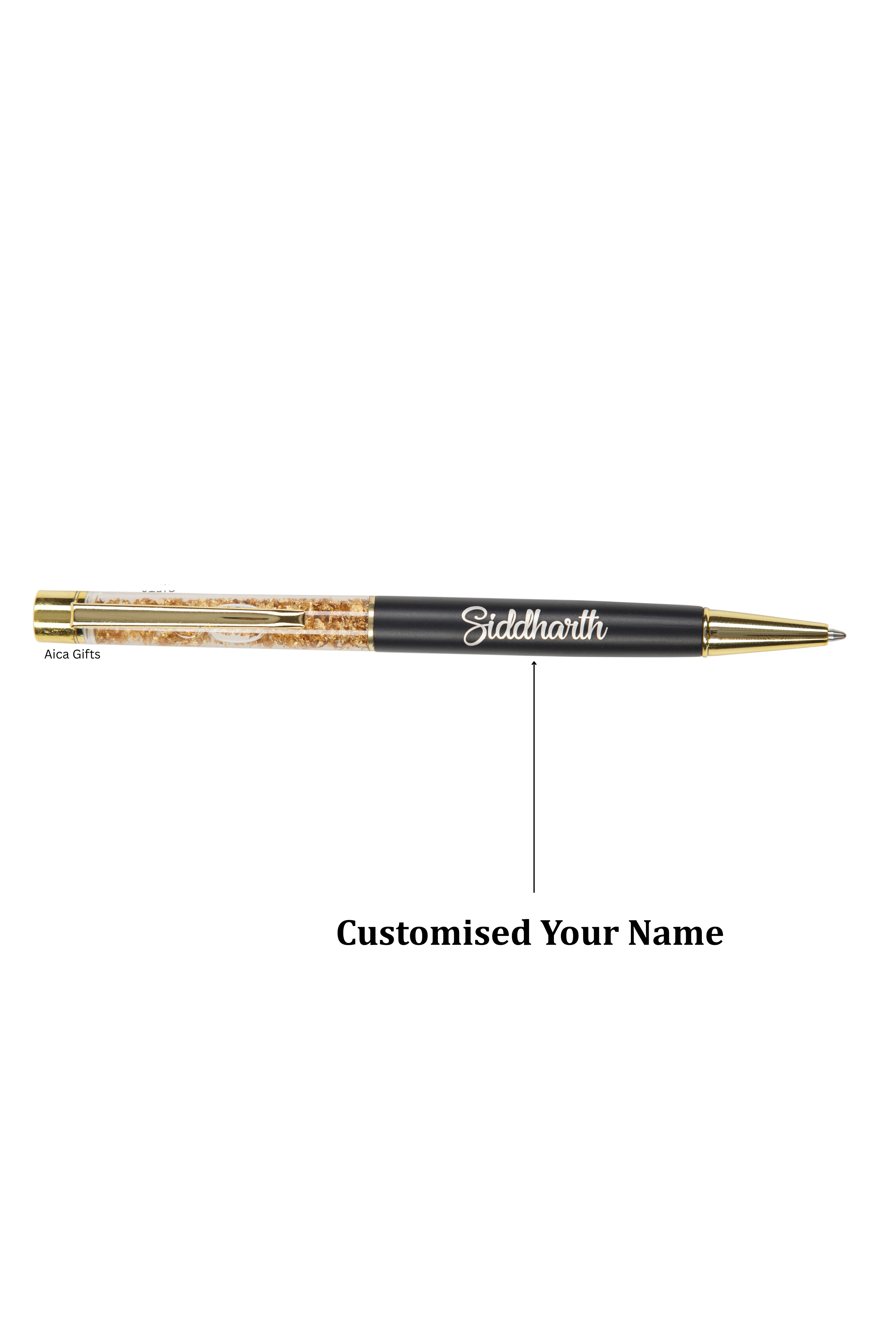 AICA Gifts Personalized Pens with Name Engraved I Golden Glitter (Black) Roller Ball Pen