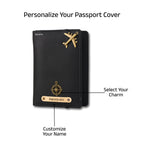 AICA Personalized Name & Charm Leather Passport Cover with 4 Card Slots, Secure Band & Boarding Pass Slot for Men & Women | Travel Passport Holder (Black)