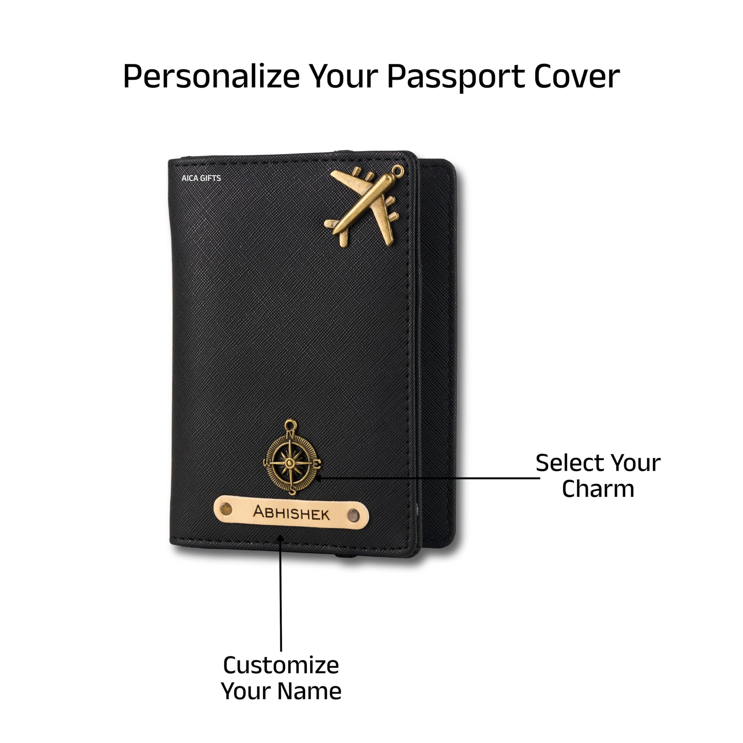 AICA Personalized Name & Charm Leather Passport Cover with 4 Card Slots, Secure Band & Boarding Pass Slot for Men & Women | Travel Passport Holder (Black)