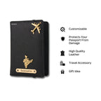AICA Personalized Name & Charm Leather Passport Cover with 4 Card Slots, Secure Band & Boarding Pass Slot for Men & Women | Travel Passport Holder (Black)