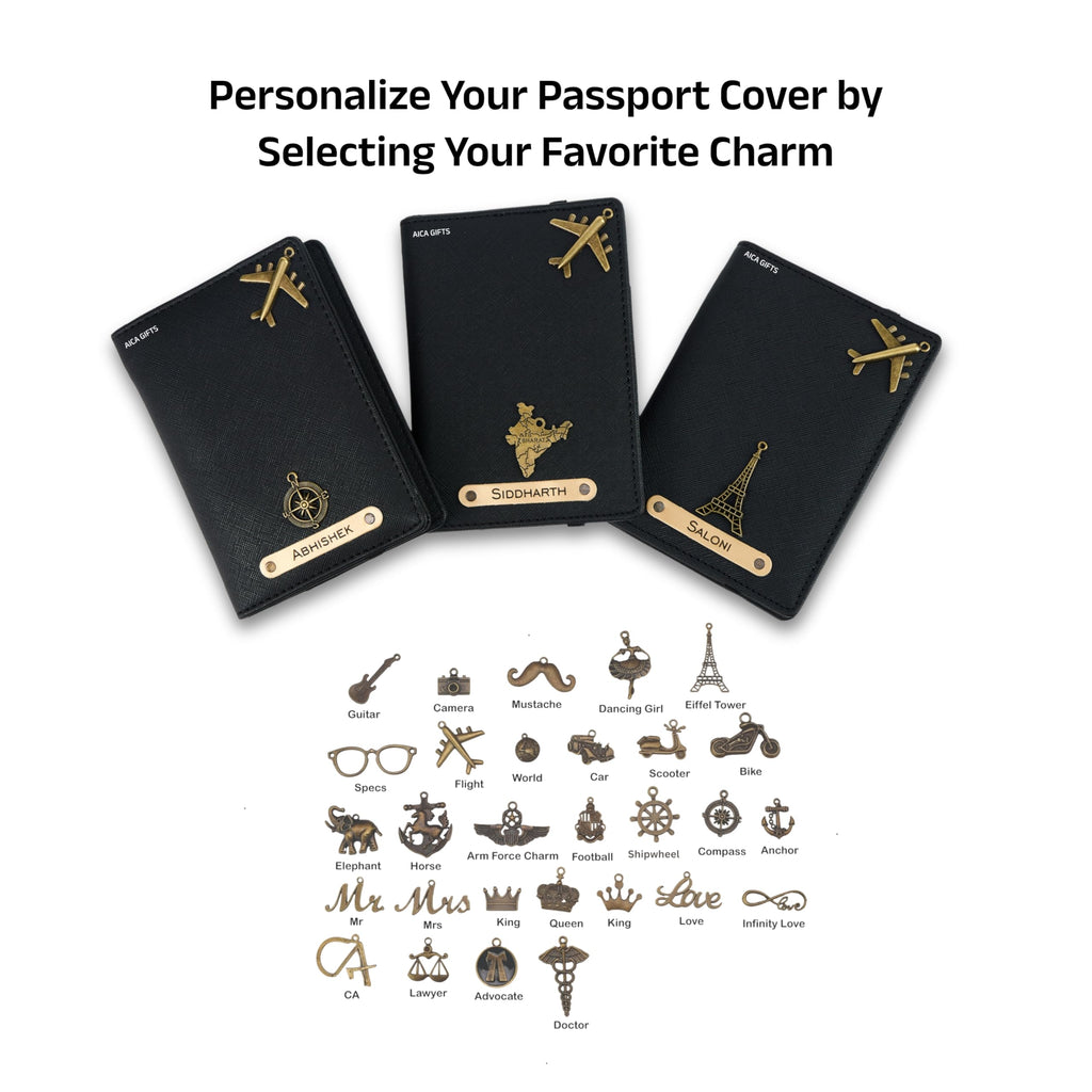 AICA Personalized Name & Charm Leather Passport Cover with 4 Card Slots, Secure Band & Boarding Pass Slot for Men & Women | Travel Passport Holder (Black)