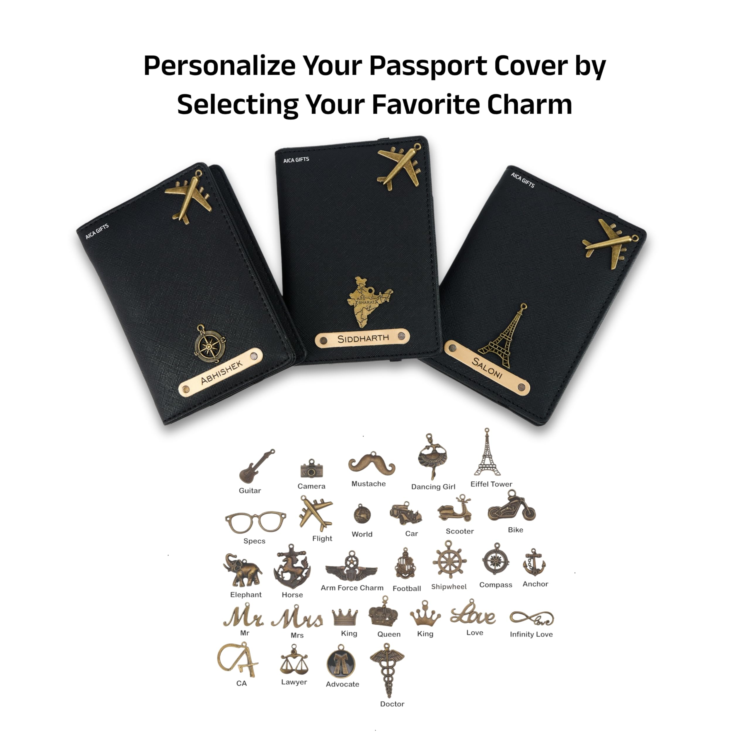 AICA Personalized Name & Charm Leather Passport Cover with 4 Card Slots, Secure Band & Boarding Pass Slot for Men & Women | Travel Passport Holder (Black)
