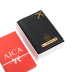 AICA Personalized Name & Charm Leather Passport Cover with 4 Card Slots, Secure Band & Boarding Pass Slot for Men & Women | Travel Passport Holder (Black)