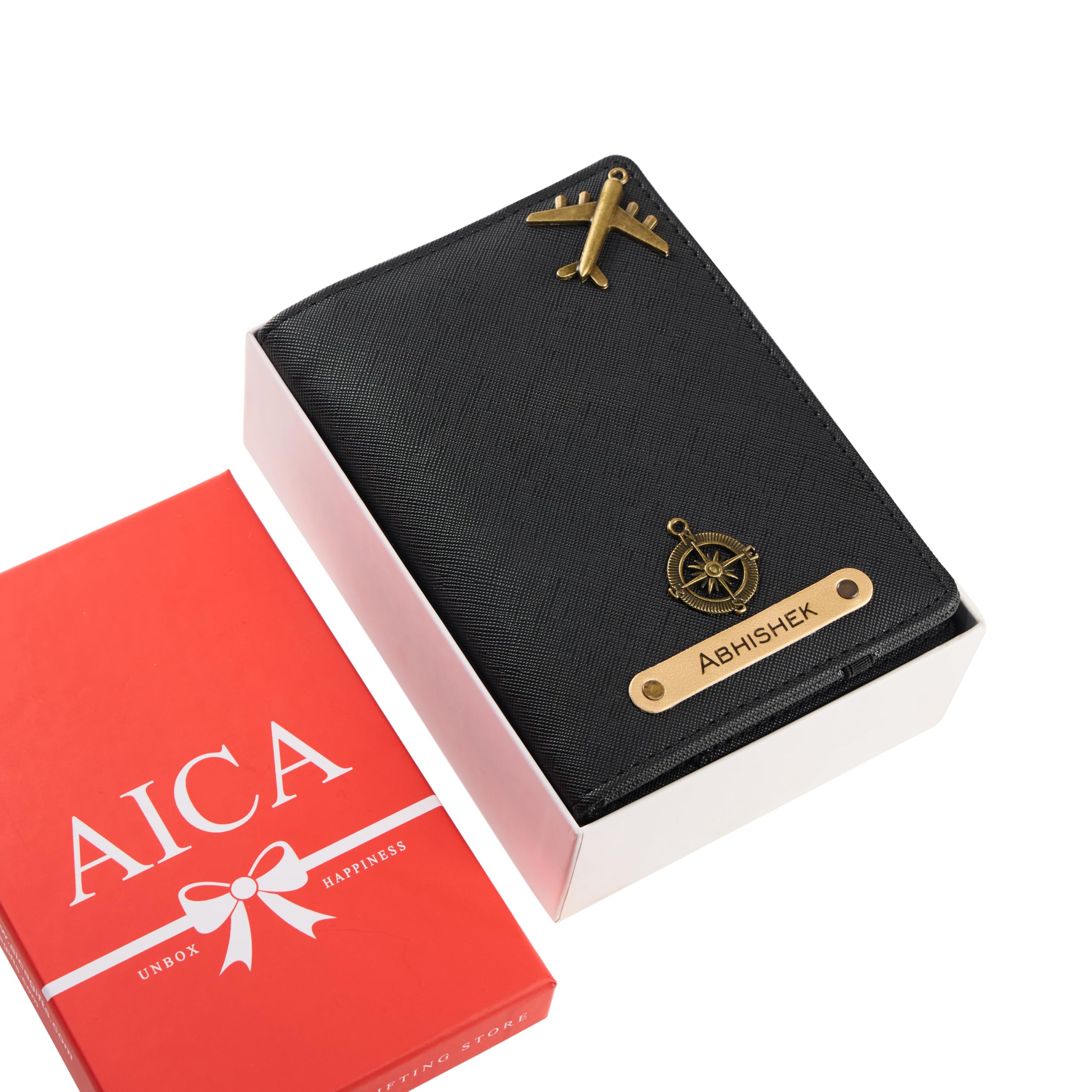 AICA Personalized Name & Charm Leather Passport Cover with 4 Card Slots, Secure Band & Boarding Pass Slot for Men & Women | Travel Passport Holder (Black)
