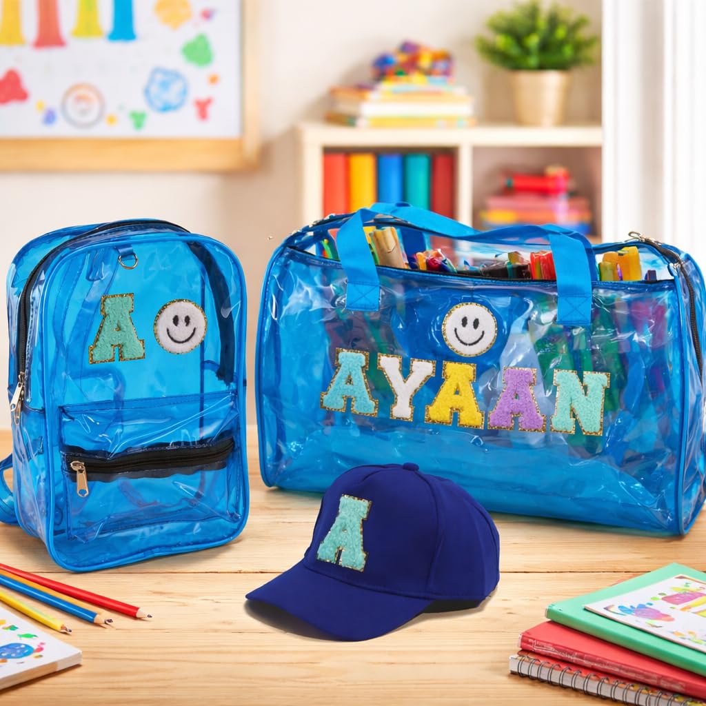 AICA Personalized Name Embroidered Letters & Patch PVC Bag & Cap Kids Combo Giftset (2-10 year) – Navyblue|Stationery Items |Duffle Bags for Travelling |Birthday Gift for Kid |Return Gifts |School Kit