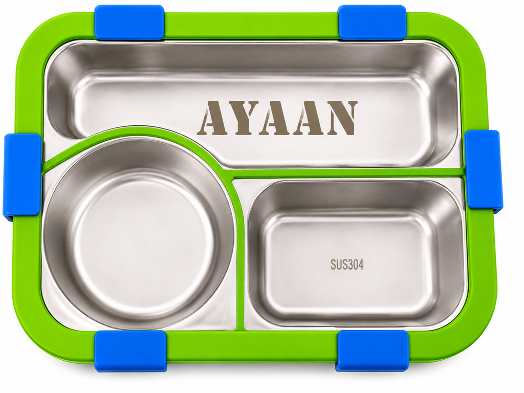 AICA Personalized Name Engraved 650 ML Stainless Steel Lunch Box for Kids | BPA Free | 3 Compartment Leakproof | Hidden Spoon Storage | Keeps Food Warm & Separate | Lunch Box for Boy & Girl (Blue)