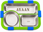 AICA Personalized Name Engraved 650 ML Stainless Steel Lunch Box for Kids | BPA Free | 3 Compartment Leakproof | Hidden Spoon Storage | Keeps Food Warm & Separate | Lunch Box for Boy & Girl (Blue)