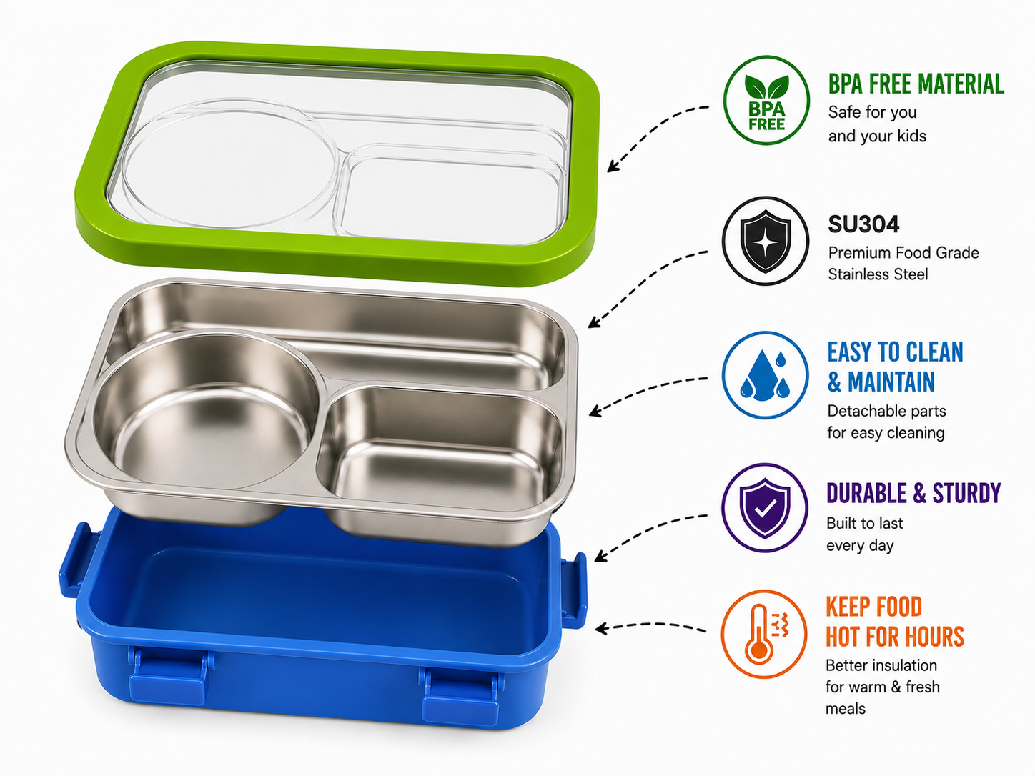 AICA Personalized Name Engraved 650 ML Stainless Steel Lunch Box for Kids | BPA Free | 3 Compartment Leakproof | Hidden Spoon Storage | Keeps Food Warm & Separate | Lunch Box for Boy & Girl (Blue)