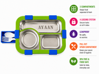 AICA Personalized Name Engraved 650 ML Stainless Steel Lunch Box for Kids | BPA Free | 3 Compartment Leakproof | Hidden Spoon Storage | Keeps Food Warm & Separate | Lunch Box for Boy & Girl (Blue)