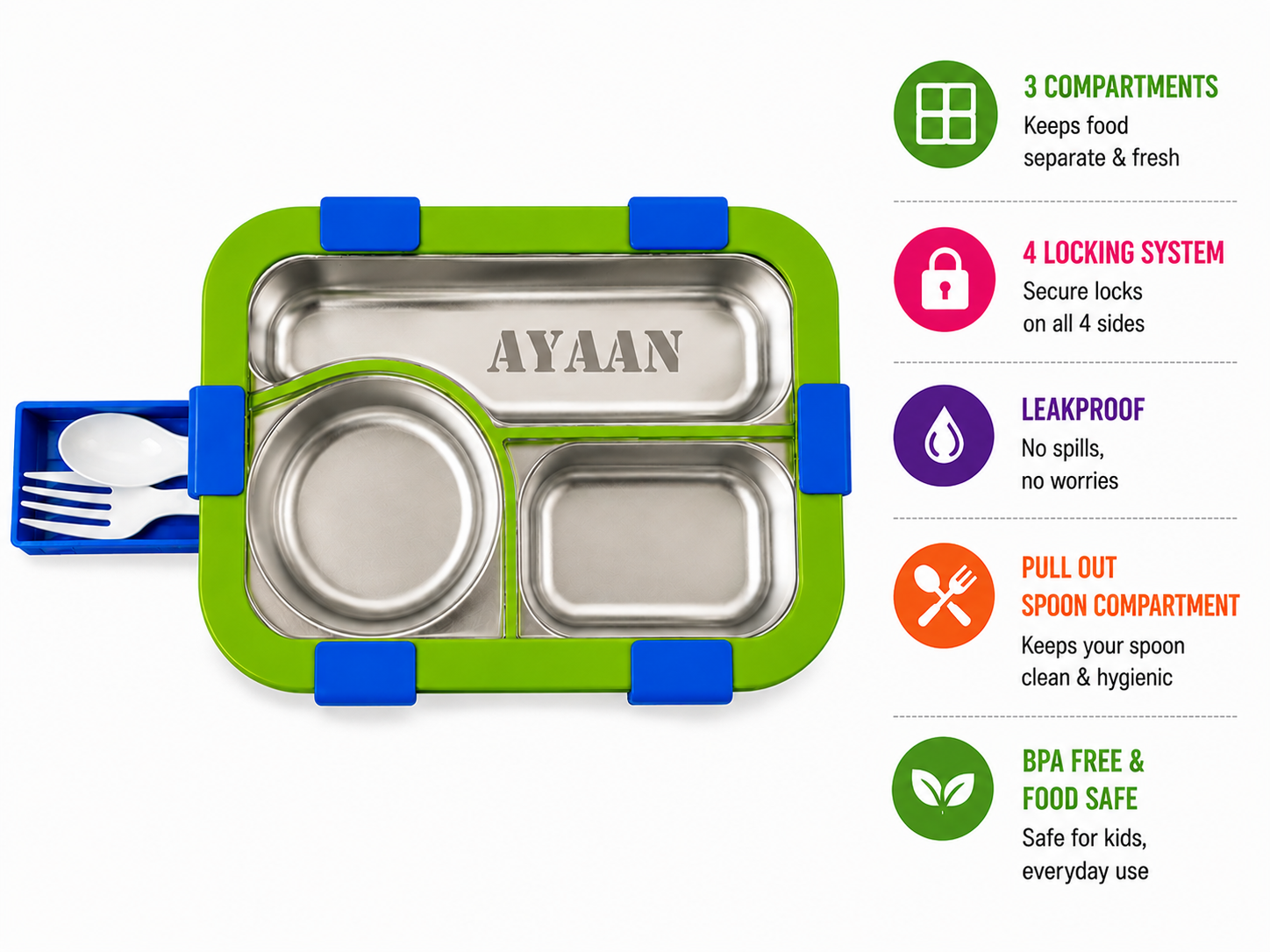 AICA Personalized Name Engraved 650 ML Stainless Steel Lunch Box for Kids | BPA Free | 3 Compartment Leakproof | Hidden Spoon Storage | Keeps Food Warm & Separate | Lunch Box for Boy & Girl (Blue)