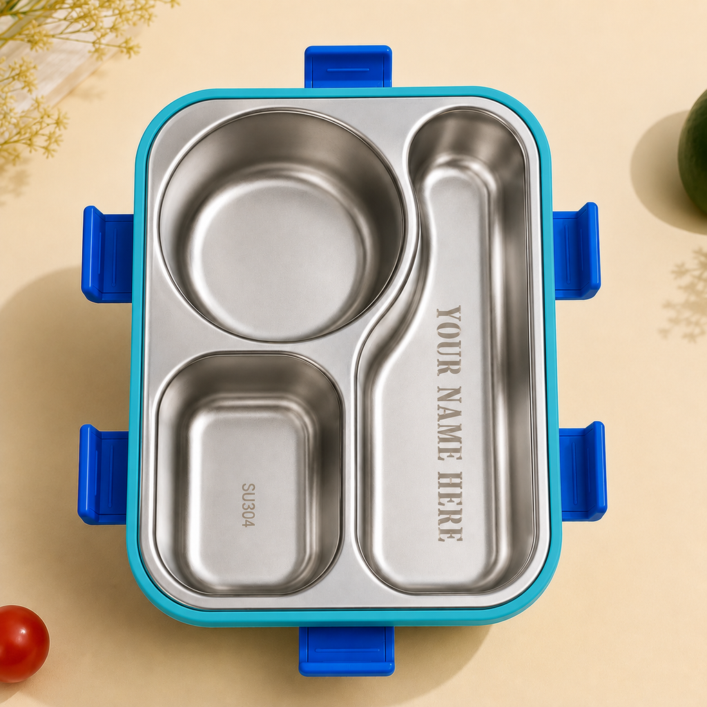 AICA Personalized Name Engraved 650 ML Stainless Steel Lunch Box for Kids | BPA Free | 3 Compartment Leakproof | Hidden Spoon Storage | Keeps Food Warm & Separate | Lunch Box for Boy & Girl (Blue)