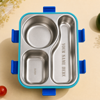 AICA Personalized Name Engraved 650 ML Stainless Steel Lunch Box for Kids | BPA Free | 3 Compartment Leakproof | Hidden Spoon Storage | Keeps Food Warm & Separate | Lunch Box for Boy & Girl (Blue)