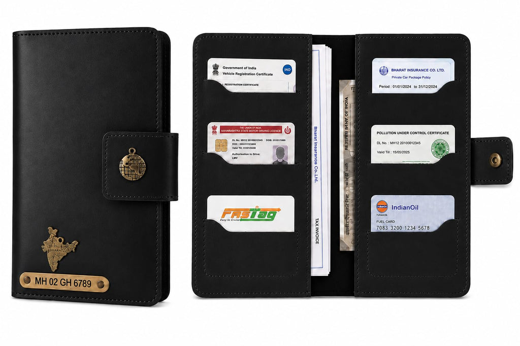 AICA Personalized Name & Charm Long Leather Car Document Holder with RC, Insurance Papers, Card Slots & Cash Compartment for Men & Women (Black)
