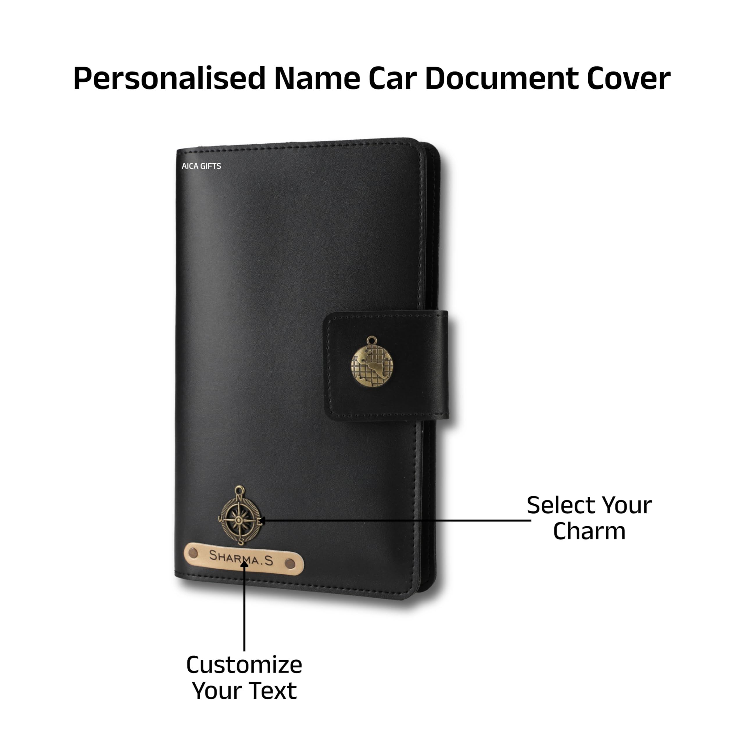 AICA Personalized Name & Charm Long Leather Car Document Holder with RC, Insurance Papers, Card Slots & Cash Compartment for Men & Women (Black)