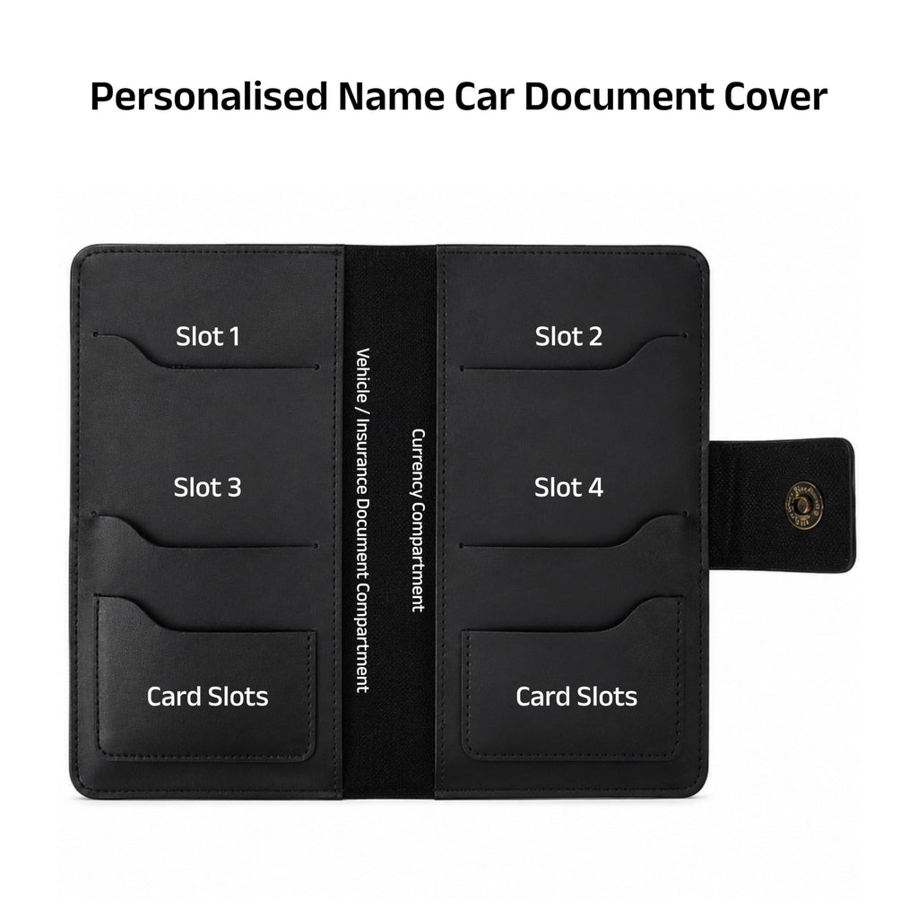 AICA Personalized Name & Charm Long Leather Car Document Holder with RC, Insurance Papers, Card Slots & Cash Compartment for Men & Women (Black)