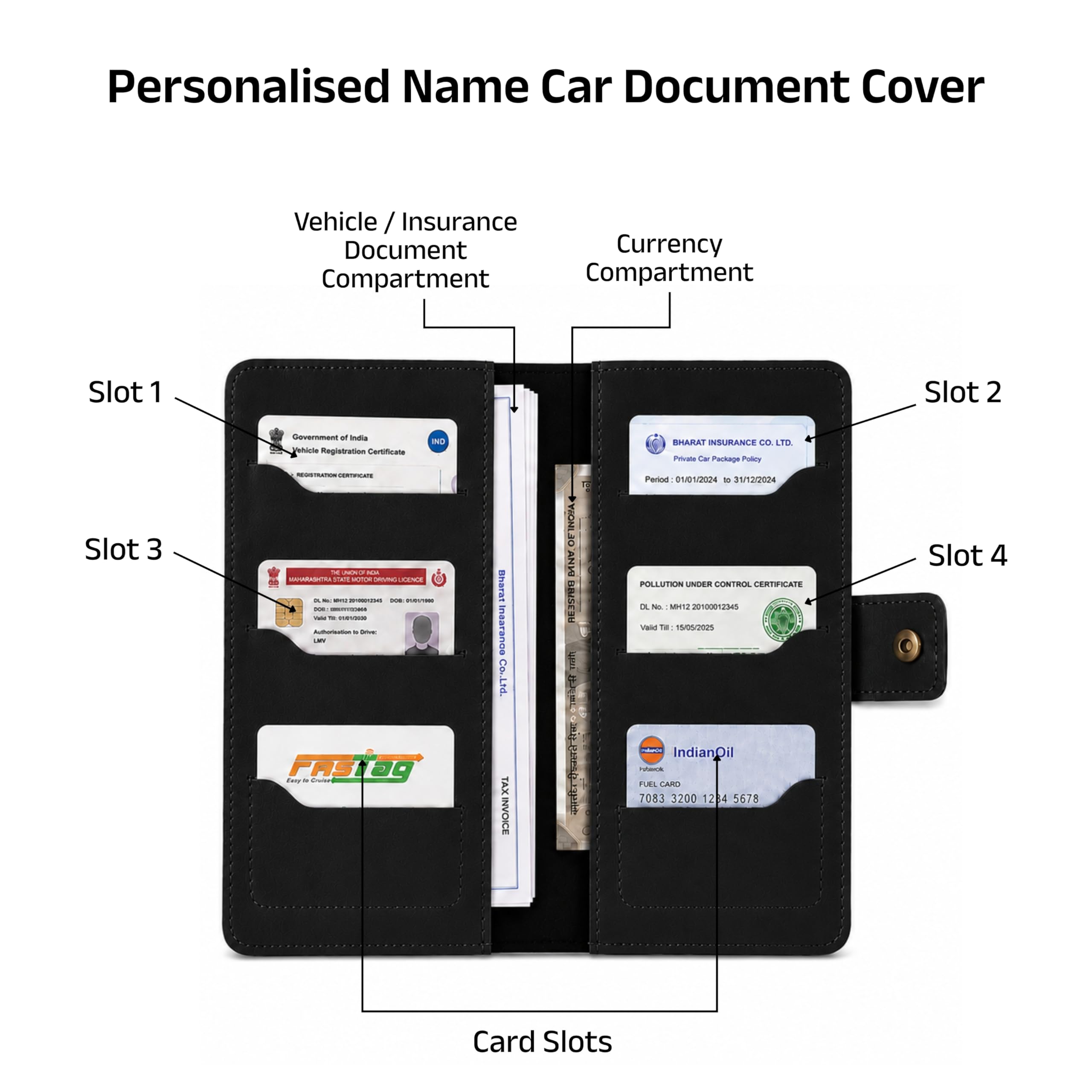AICA Personalized Name & Charm Long Leather Car Document Holder with RC, Insurance Papers, Card Slots & Cash Compartment for Men & Women (Black)