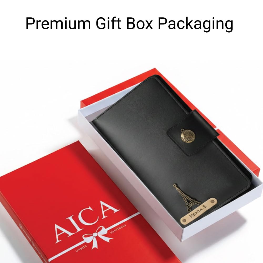 AICA Personalized Name & Charm Long Leather Car Document Holder with RC, Insurance Papers, Card Slots & Cash Compartment for Men & Women (Black)