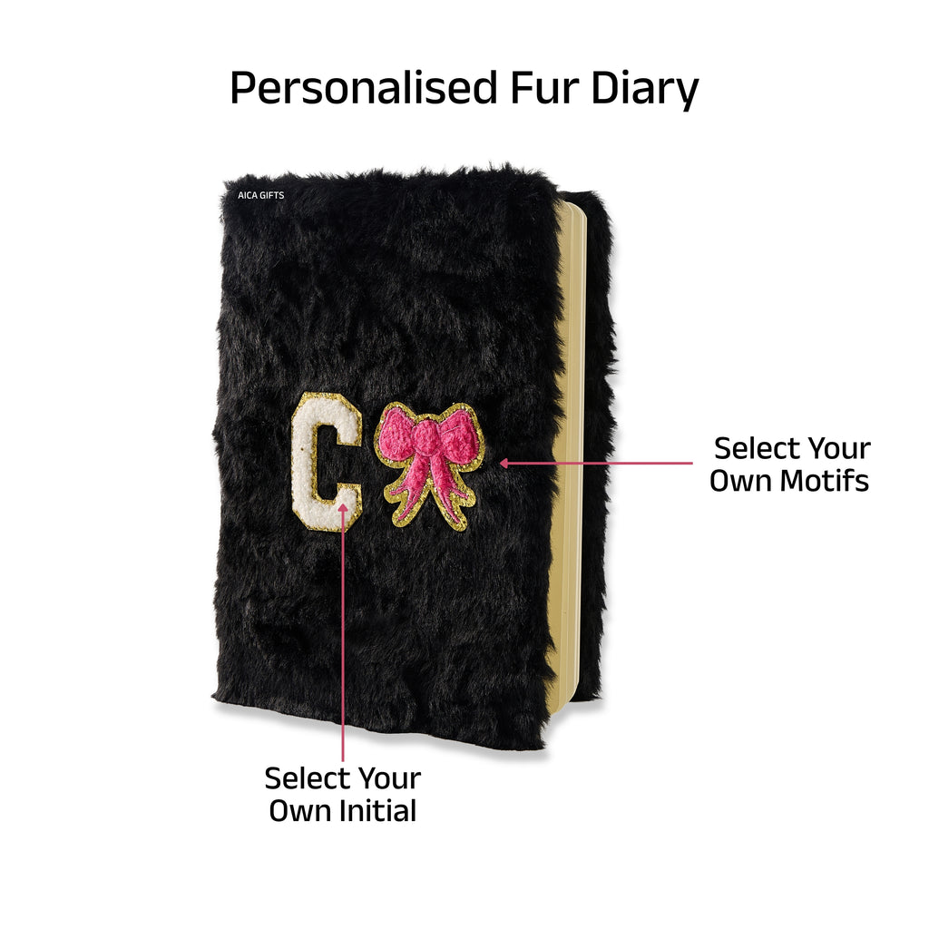 AICA Personalized Embroidery Patch Name Soft Fur Diary A5 Size 160 Pages (Black) For Girls & Boys | Customized Cute Plush Personal Journal | Diary for Girls Aesthetic | Diary for Kids | Gifts for Boys