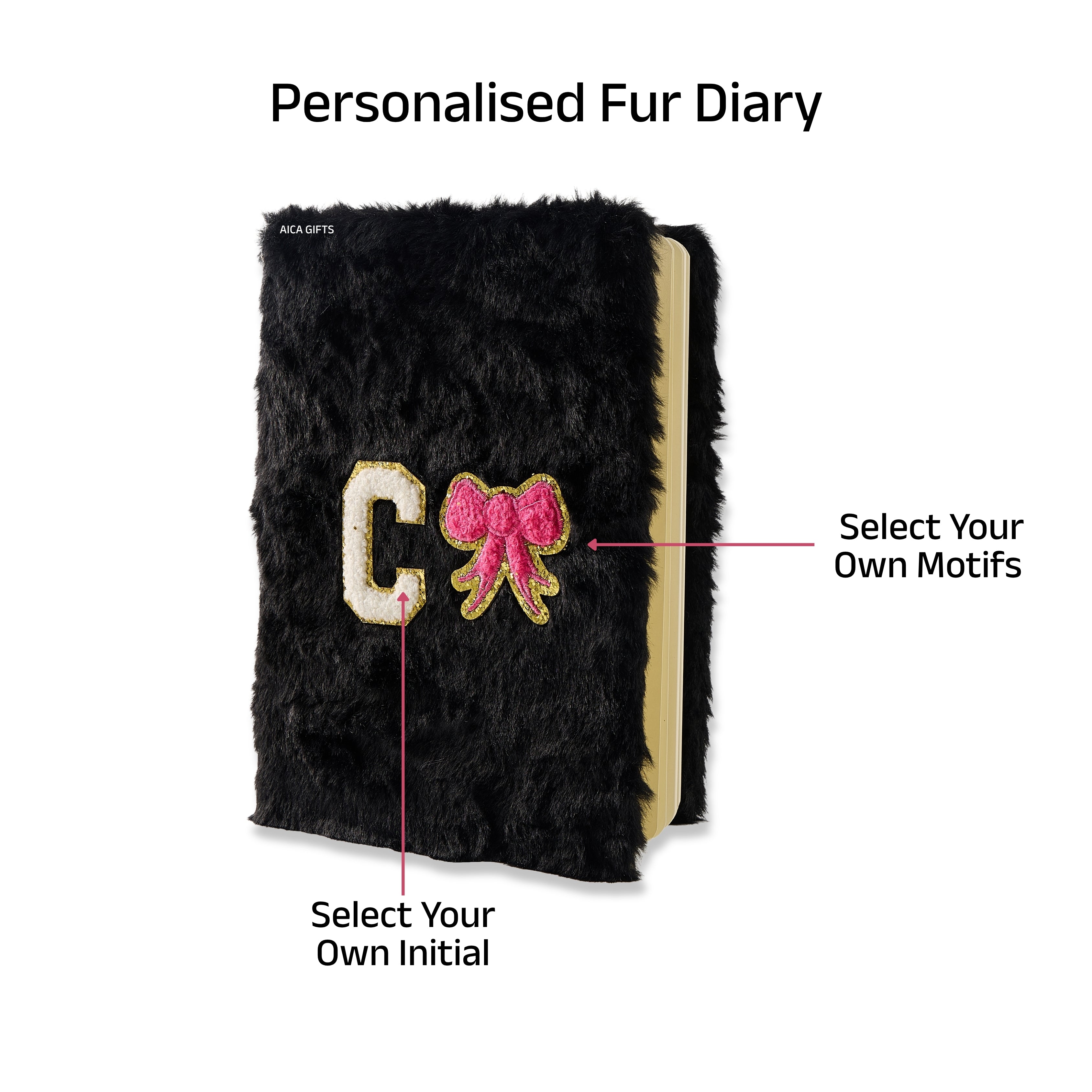 AICA Personalized Embroidery Patch Name Soft Fur Diary A5 Size 160 Pages (Black) For Girls & Boys | Customized Cute Plush Personal Journal | Diary for Girls Aesthetic | Diary for Kids | Gifts for Boys